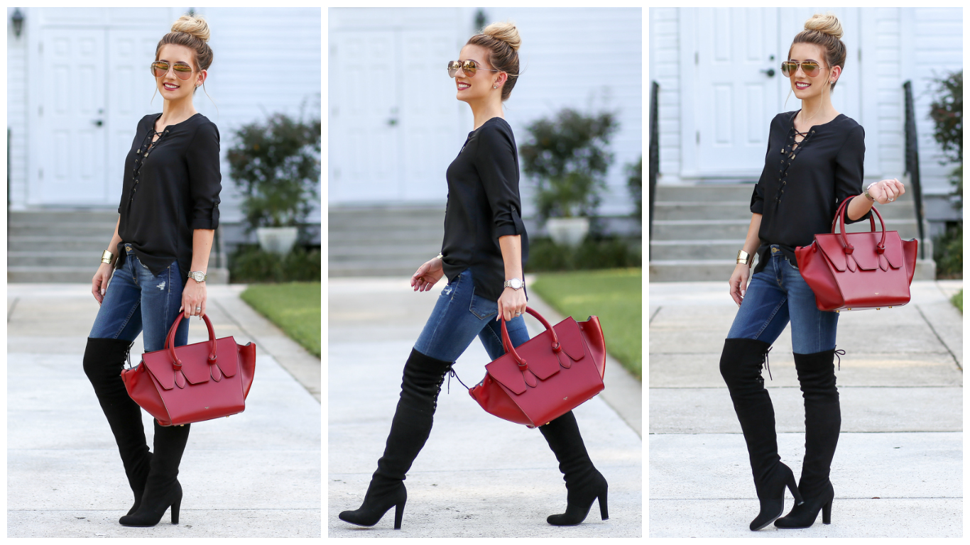 Fall Outfit Idea: OTK Boots & Lace-Up Top - Laura Beverlin