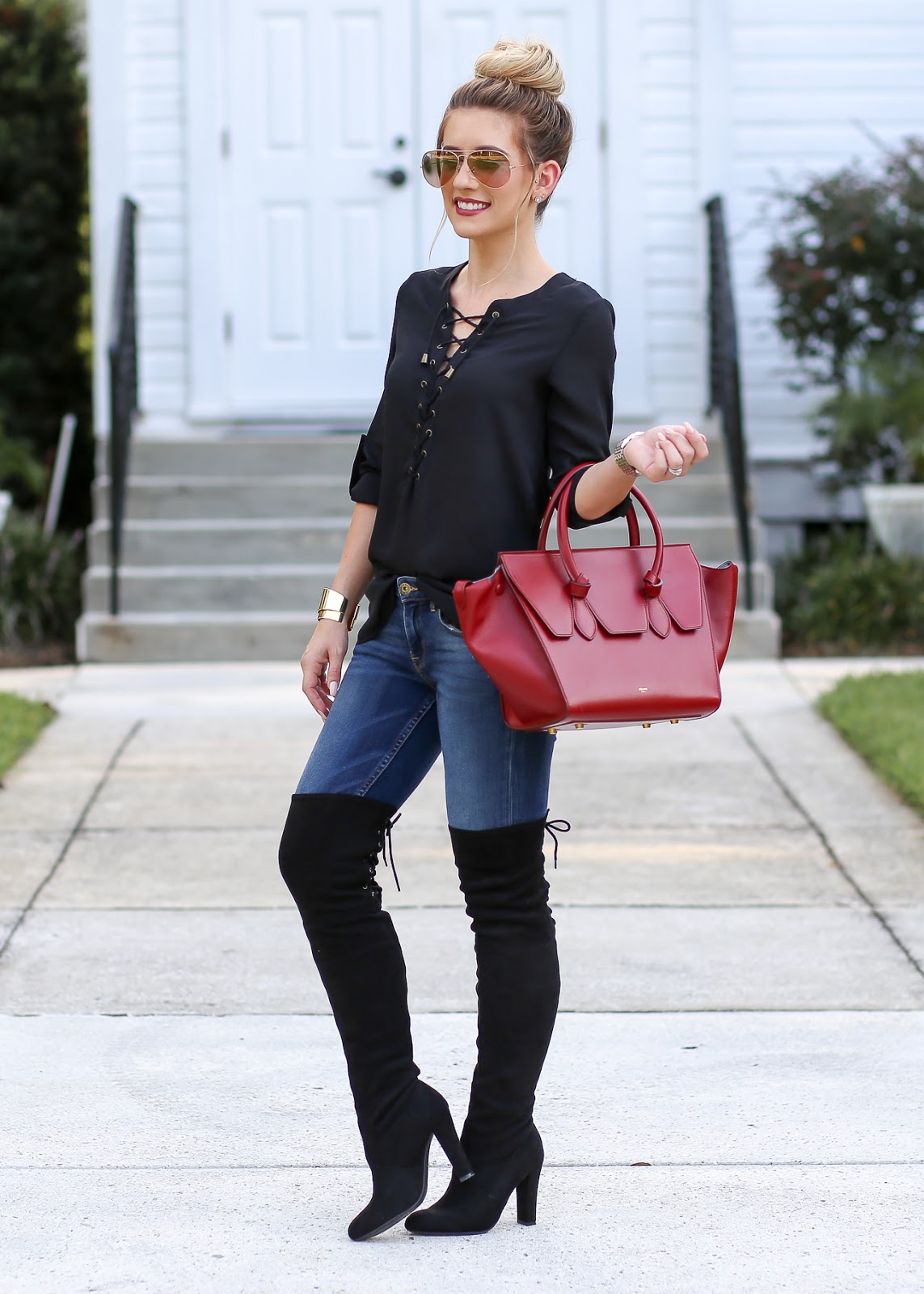 Fall Outfit Idea: OTK Boots & Lace-Up Top - Laura Beverlin