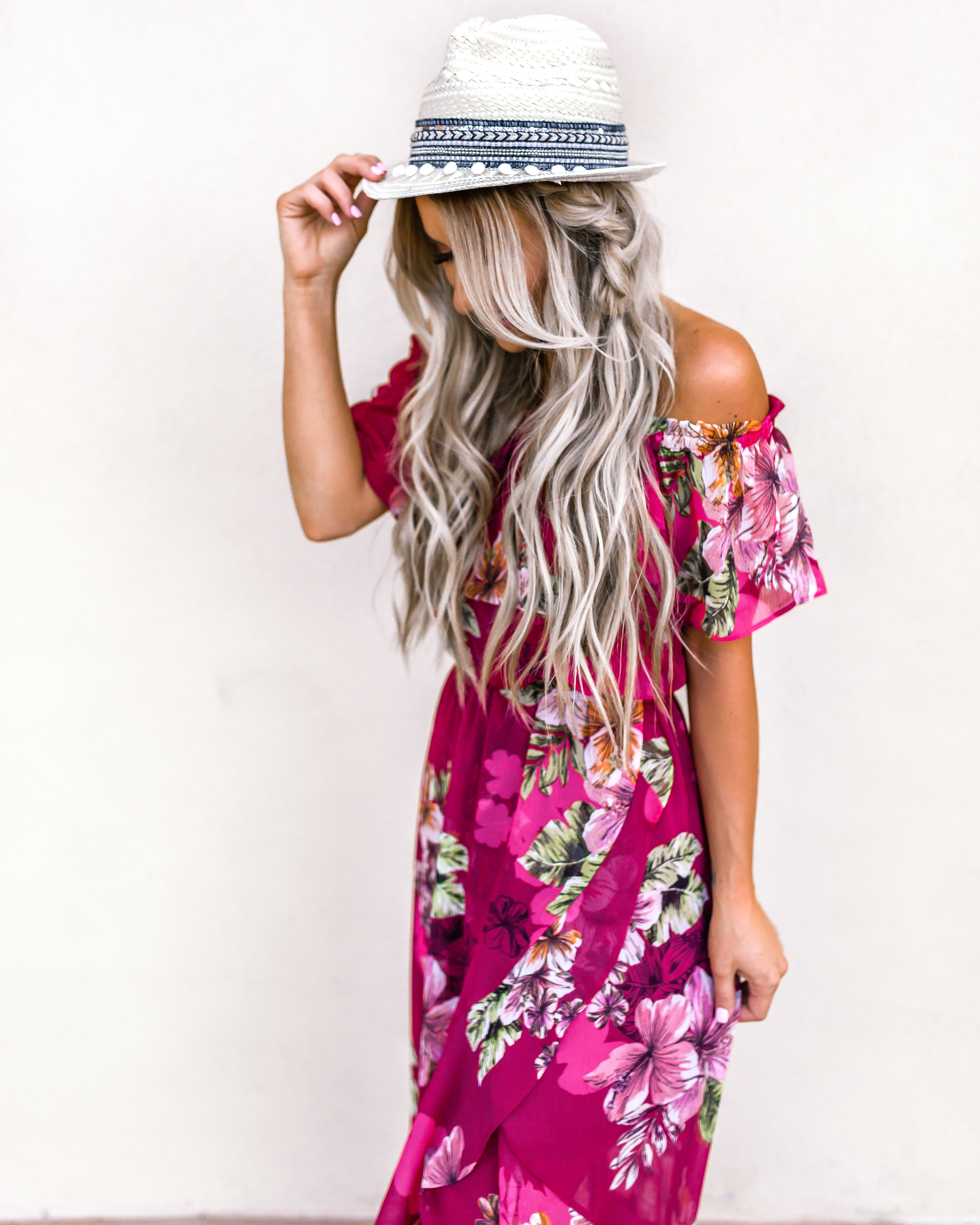 Express Tropical Maxi Dress Pompom Fedora-2