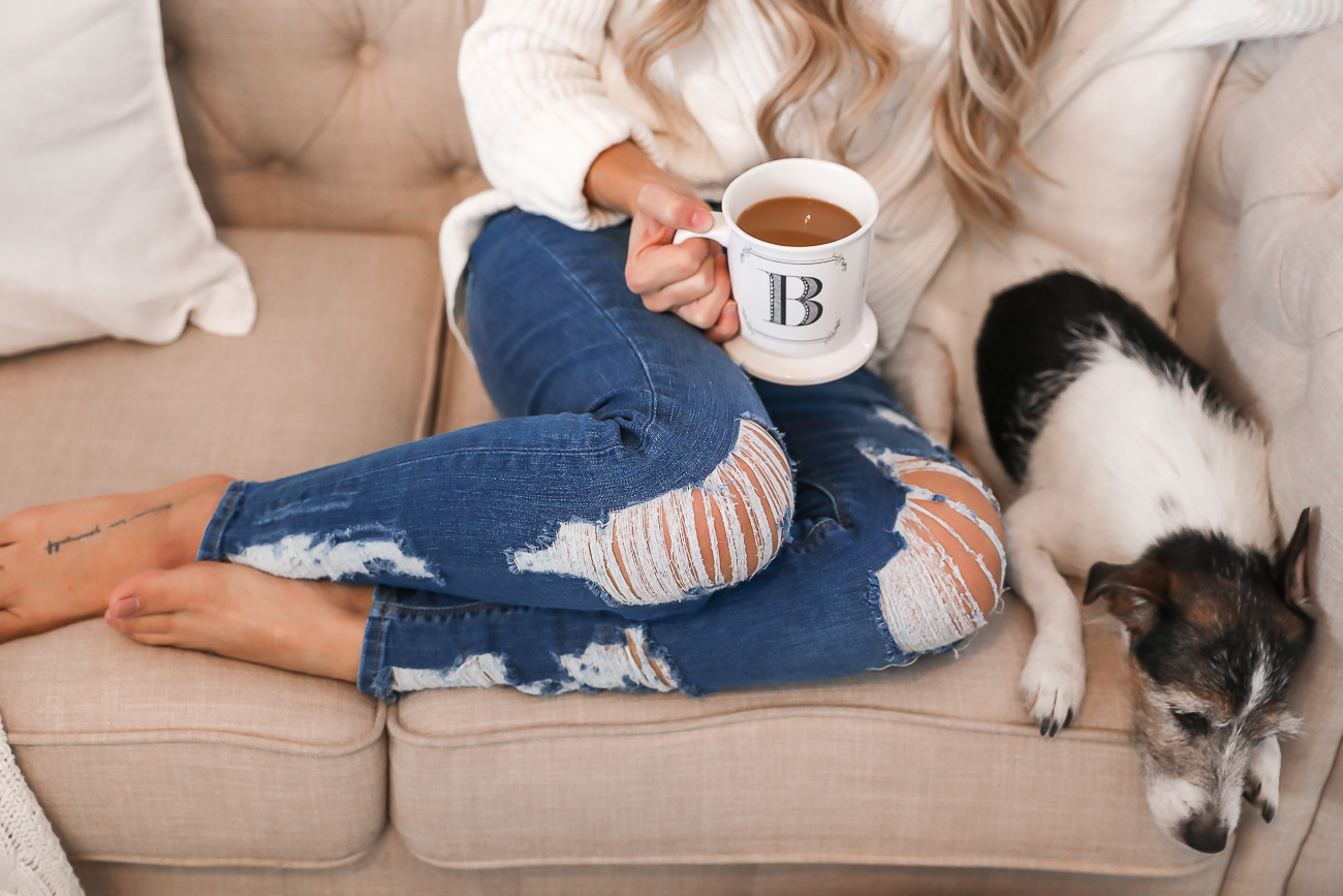 Express Petite Distressed Jeans Jack Russell Cozy Outfit Idea White Sweater