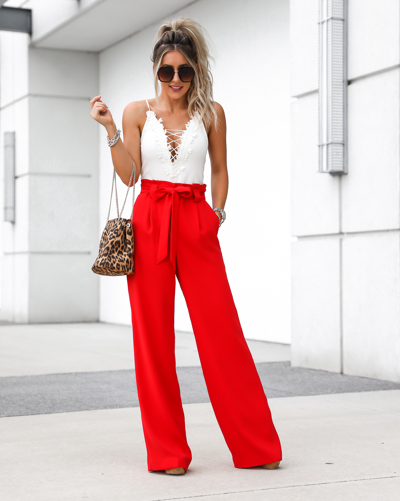 Red stitched wide leg trousers | River Island