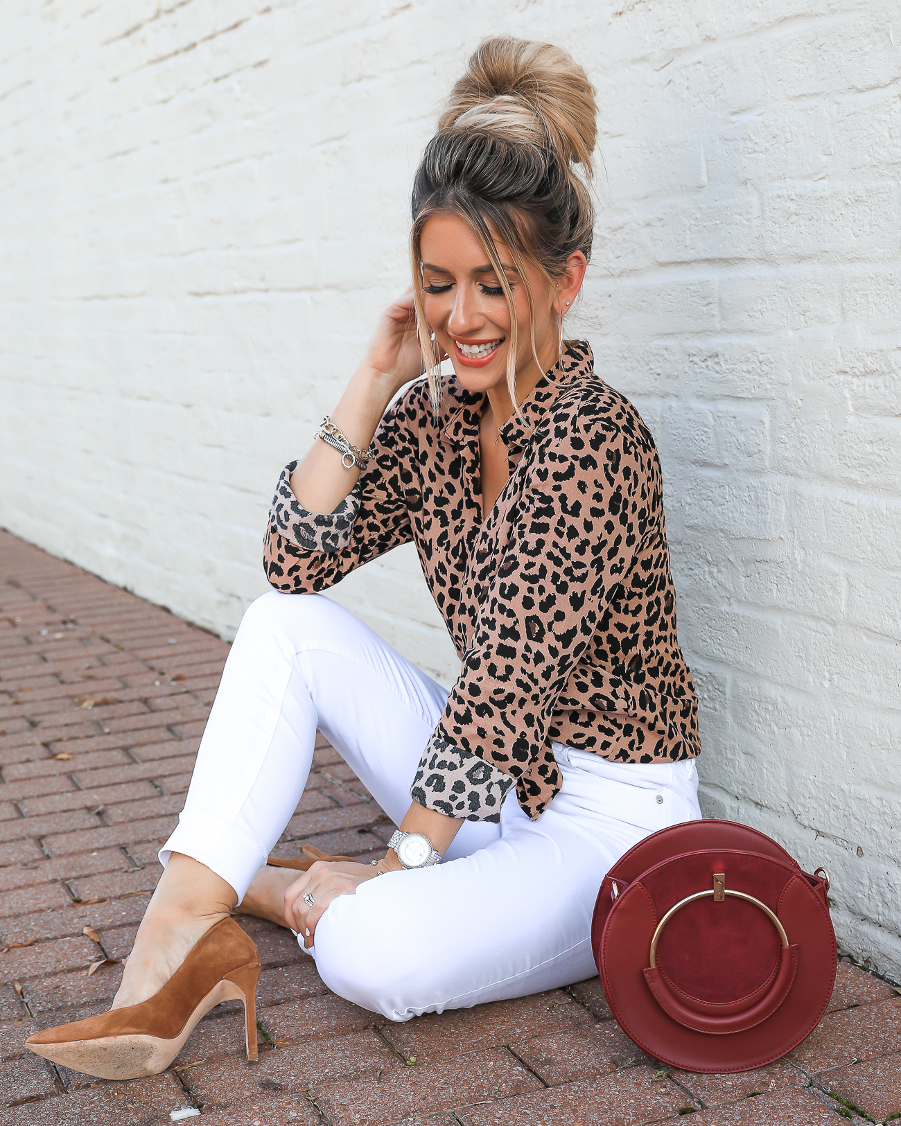 Dynamite Leopard Top & white jeans Fall Outfit Idea -3