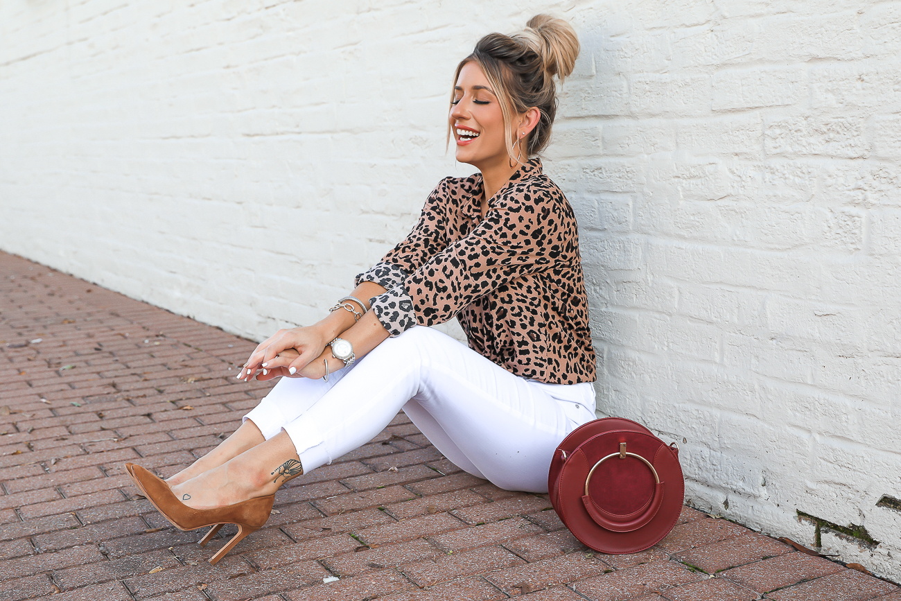 Dynamite Leopard Top & white jeans Fall Outfit Idea -3