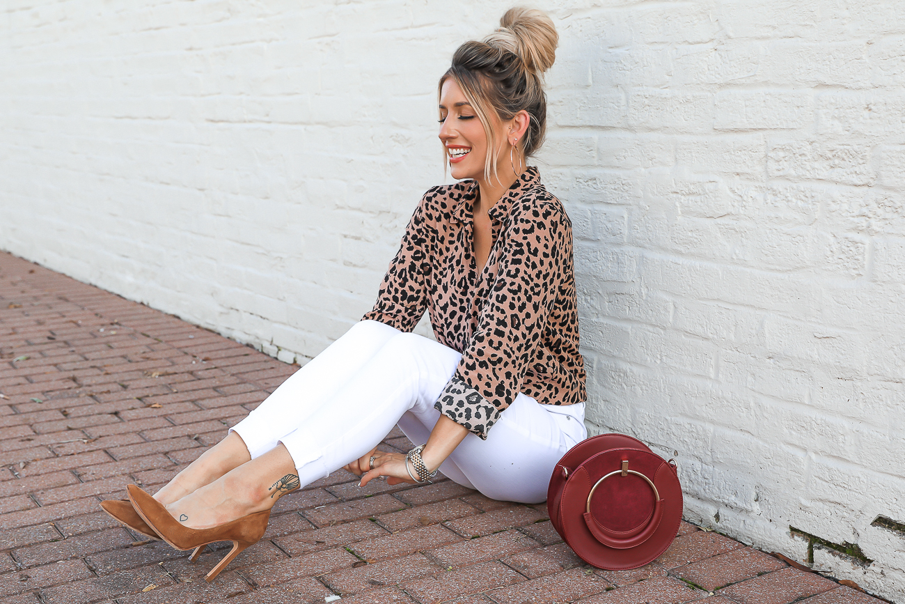 Dynamite Leopard Top & white jeans Fall Outfit Idea -3