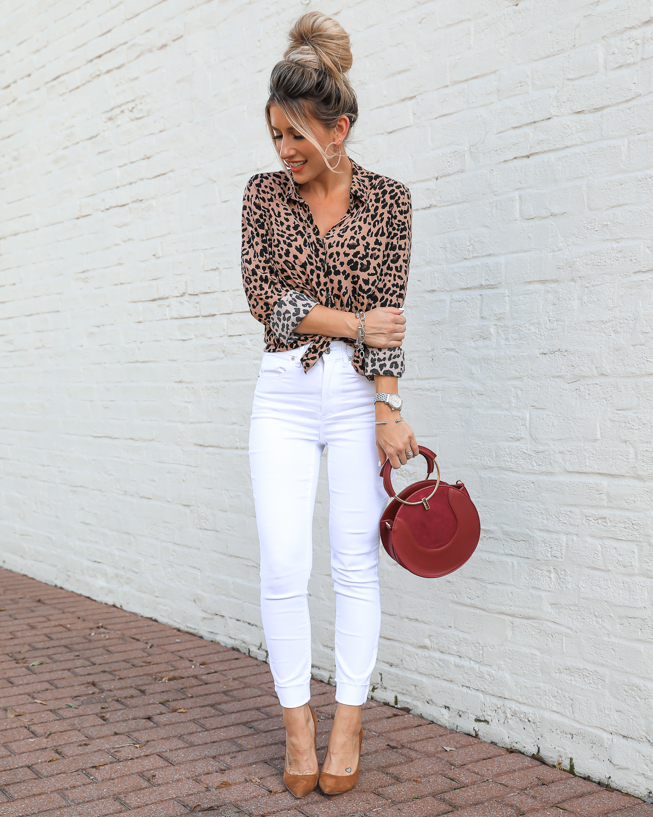 Dynamite Leopard Top & white jeans Fall Outfit Idea -3