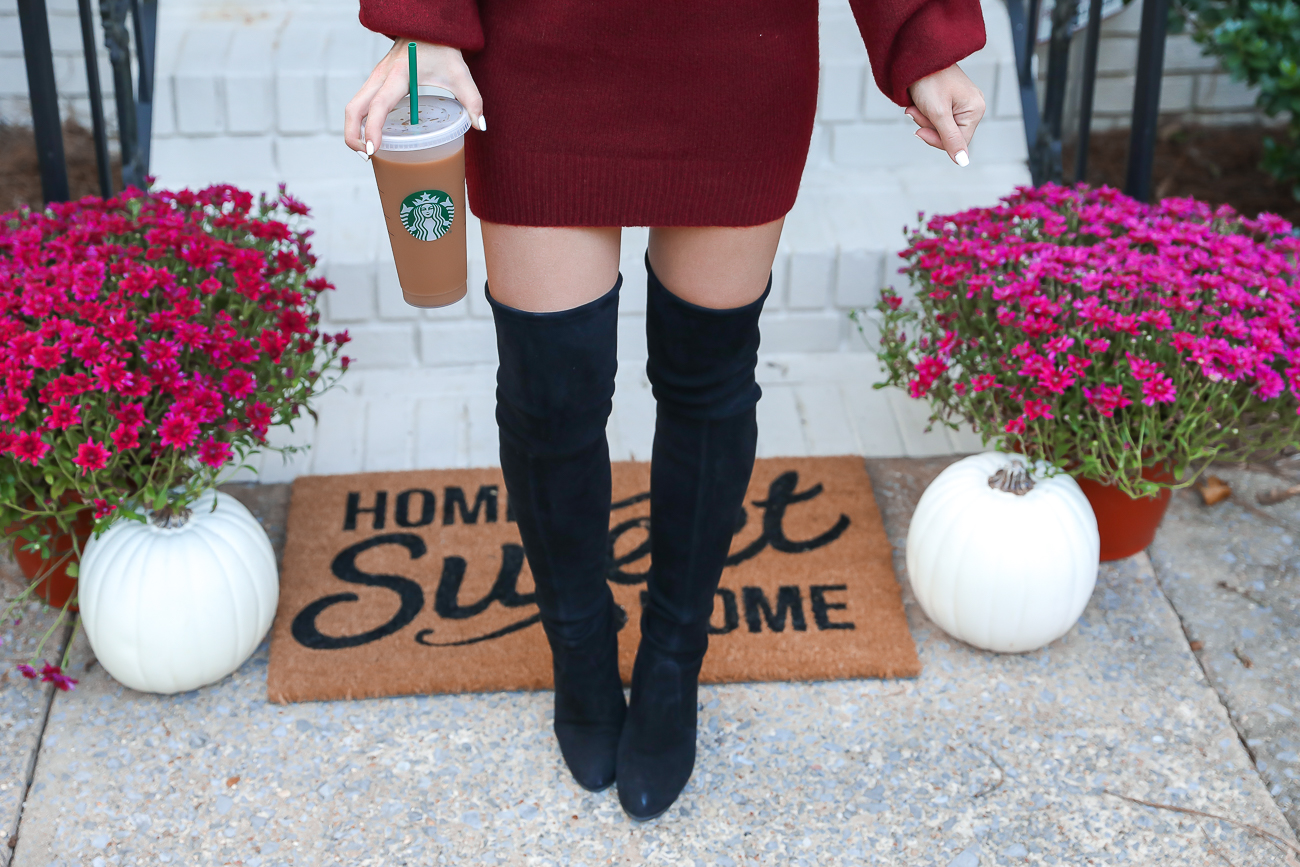 Express Fall Sweater Dress Outfit Burgundy Turtleneck Sweater Dress Home Sweet Home Door Mat Stewart Weitzman Hiline Over The Knee Boots Outfit Black 