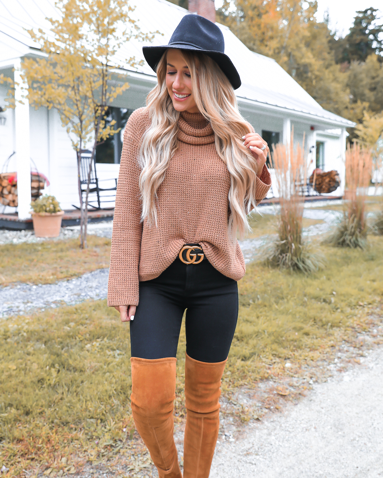 Nordstrom Fall Outfit Idea Stowe Vermont Black & Tan Outfit Gucci Belt Stuart Weitzman Over the knee boots