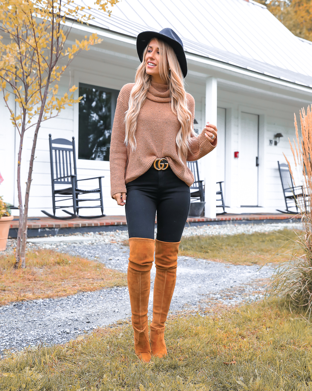 Nordstrom Fall Outfit Idea Stowe Vermont Black & Tan Outfit Gucci Belt Stuart Weitzman Over the knee boots