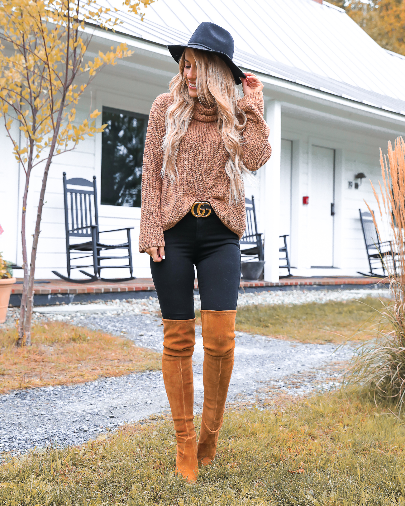 Nordstrom Fall Outfit Idea Stowe Vermont Black & Tan Outfit Gucci Belt Stuart Weitzman Over the knee boots