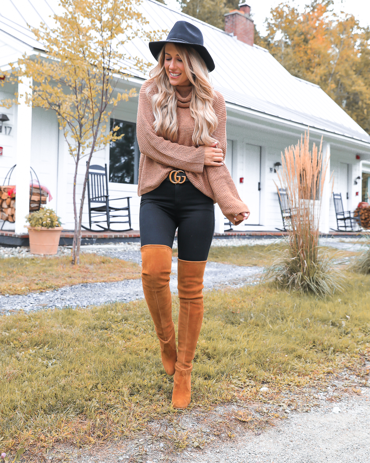 Nordstrom Fall Outfit Idea Stowe Vermont Black & Tan Outfit Gucci Belt Stuart Weitzman Over the knee boots