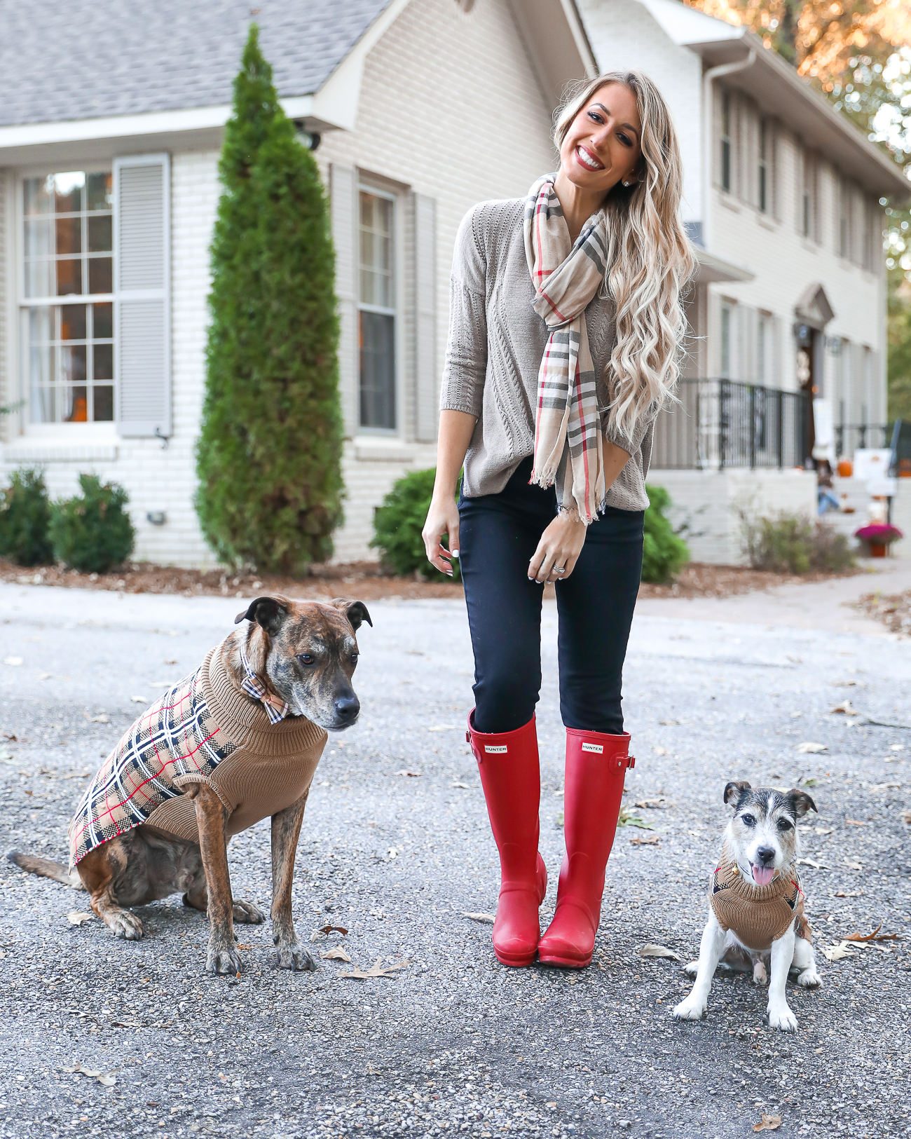 Thanksgiving Day Outfit Idea Red Hunter Boots Burberry Scarf Dog sweater Casual Holiday Outfit Idea