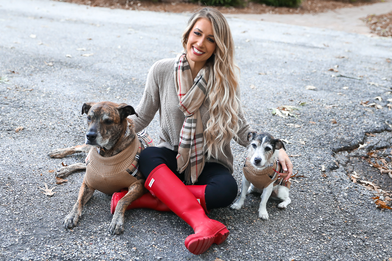 Thanksgiving Day Outfit Idea Red Hunter Boots Burberry Scarf Dog sweater Casual Holiday Outfit Idea