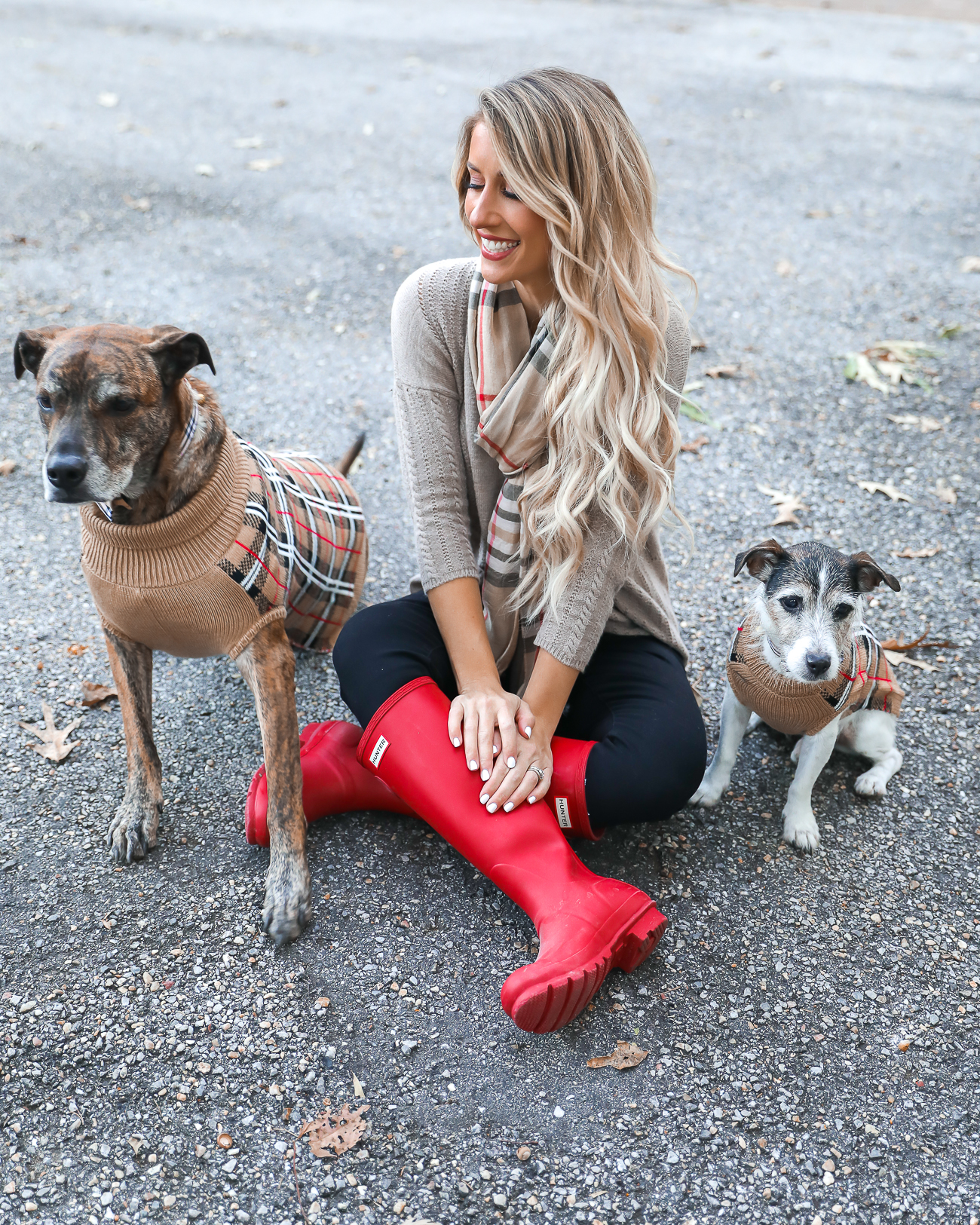 Thangsgiving Day Outfit Idea Red Hunter Boots Burberry Scarf Dog sweater Casual Holiday Outfit Idea