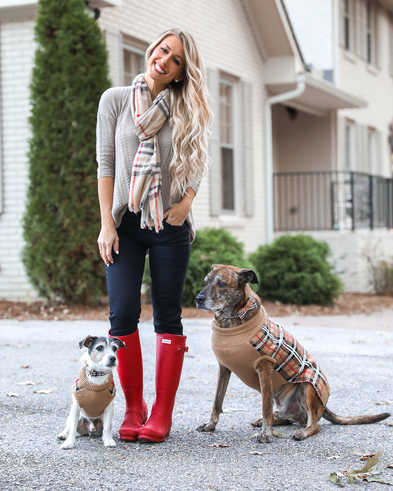 Thanksgiving Day Outfit Idea Red Hunter Boots Burberry Scarf Dog sweater Casual Holiday Outfit Idea