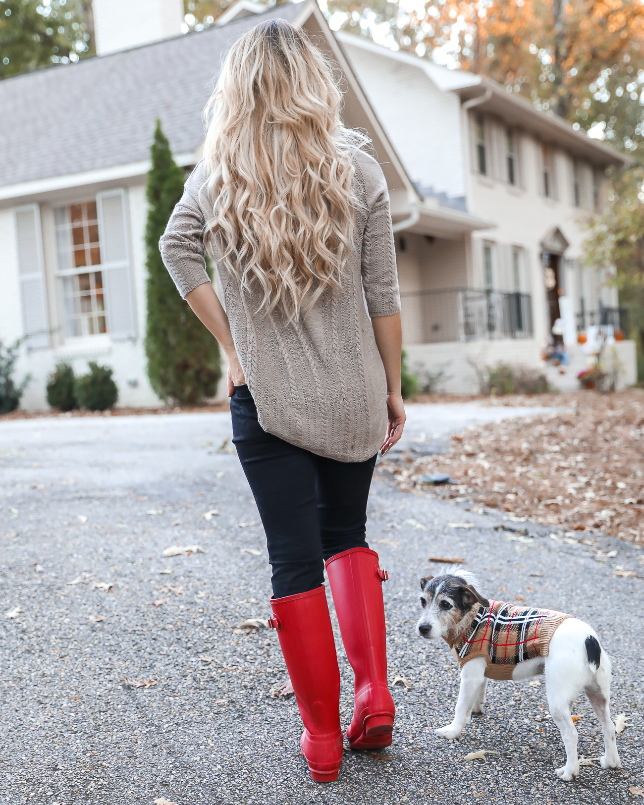 Thanksgiving Day Outfit Idea Red Hunter Boots Burberry Scarf Dog sweater Casual Holiday Outfit Idea