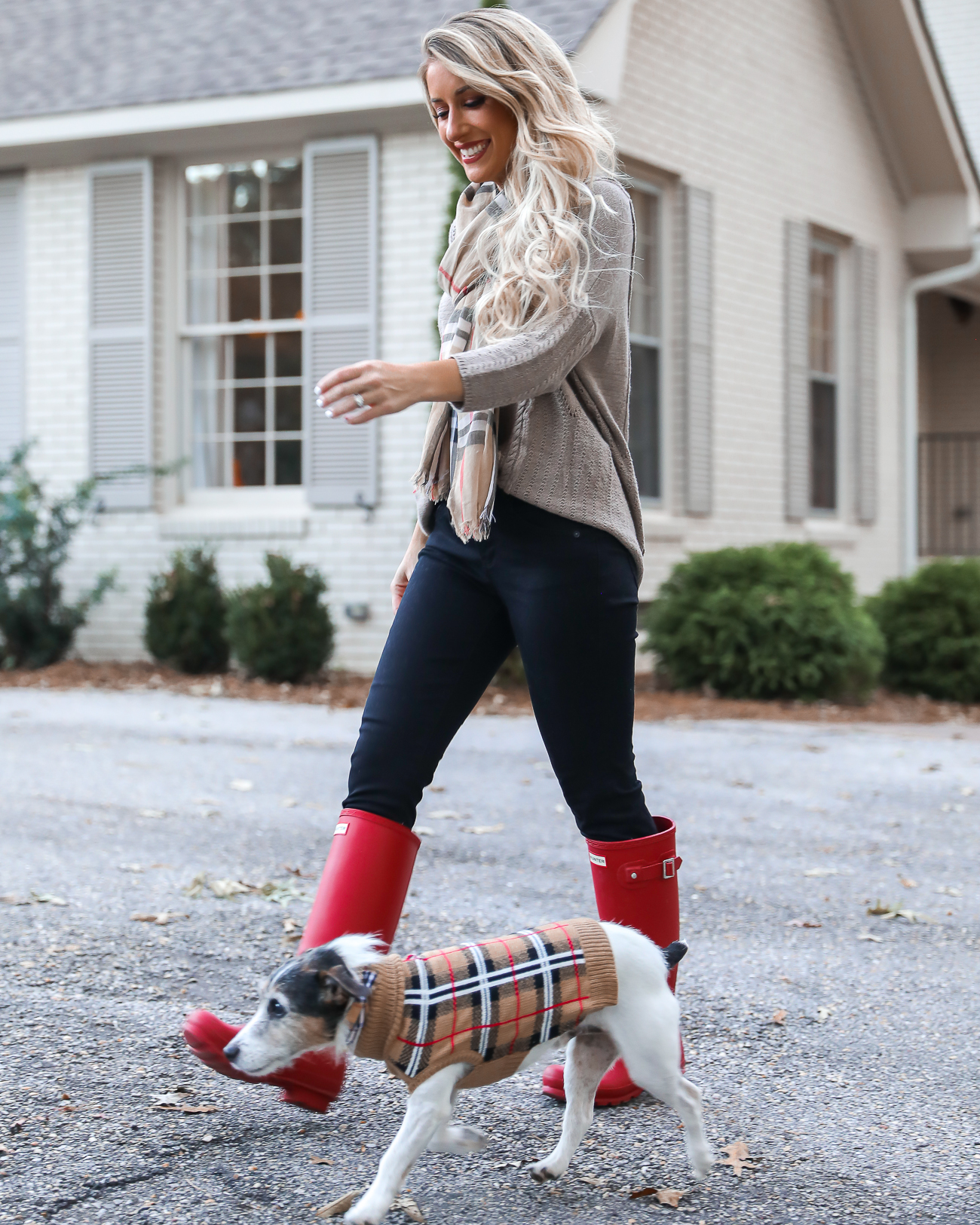 Thanksgiving Day Outfit Idea Red Hunter Boots Burberry Scarf Dog sweater Casual Holiday Outfit Idea