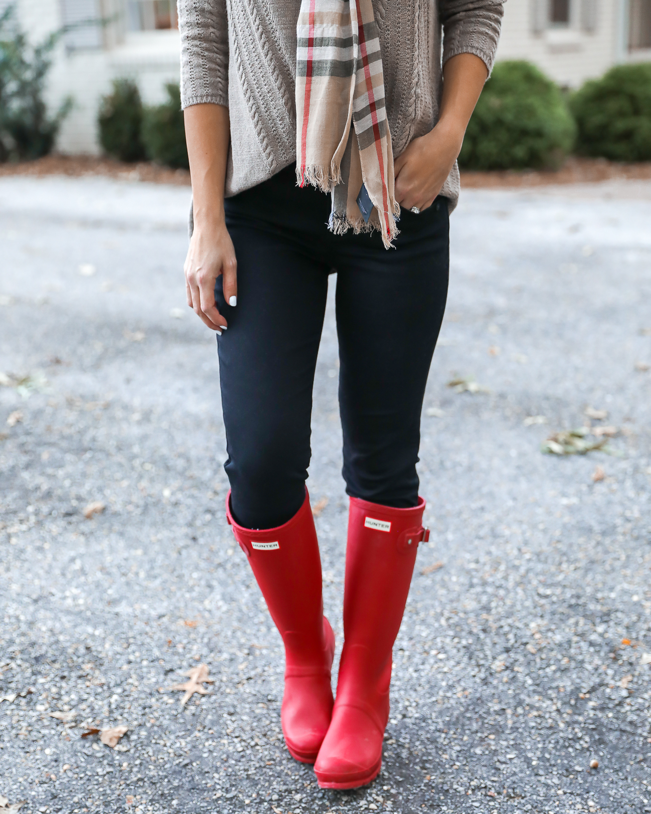 Thanksgiving Day Outfit Idea Red Hunter Boots Burberry Scarf Dog sweater Casual Holiday Outfit Idea