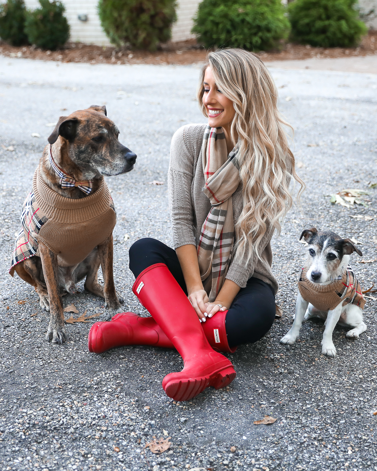 Thanksgiving Day Outfit Idea Red Hunter Boots Burberry Scarf Dog sweater Casual Holiday Outfit Idea