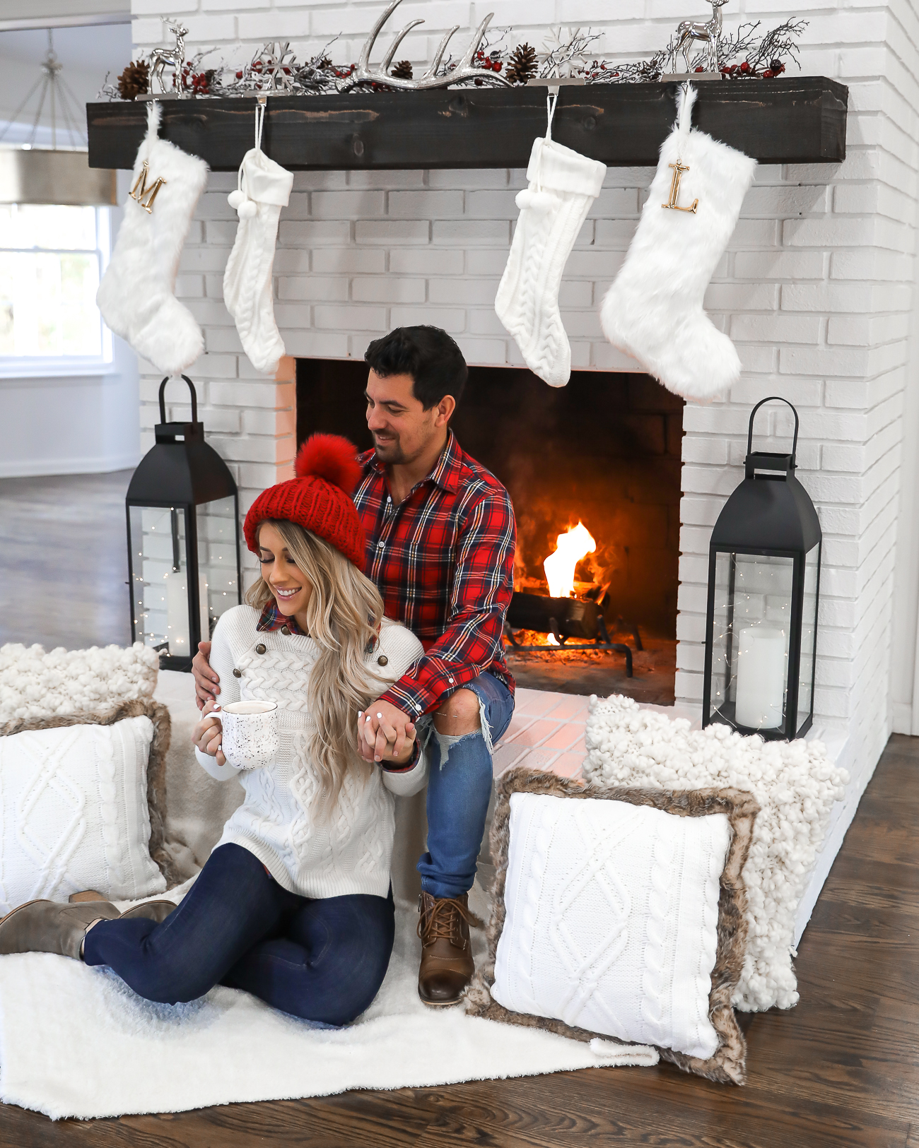 Nordstrom Mens holiday outfit idea couples christmas family pictures Red plaid shirt white brick fireplace Laura Beverlin-3
