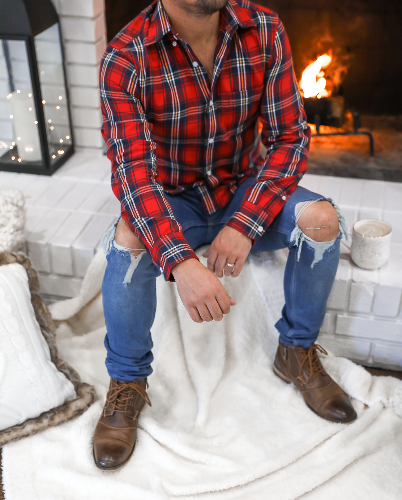 Nordstrom Mens holiday outfit idea couples christmas family pictures Red plaid shirt white brick fireplace Laura Beverlin-3