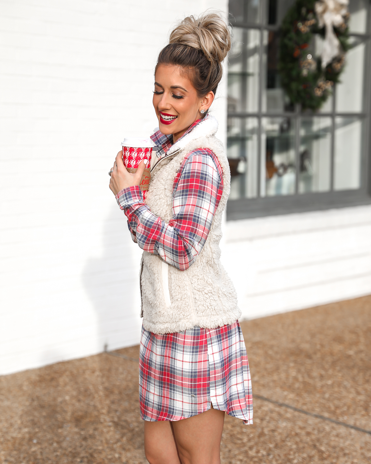 Southern Shirt Plaid Shirt Dress White Sherpa Fleece Vest Red Starbucks Cup Casual Holiday Outfit 