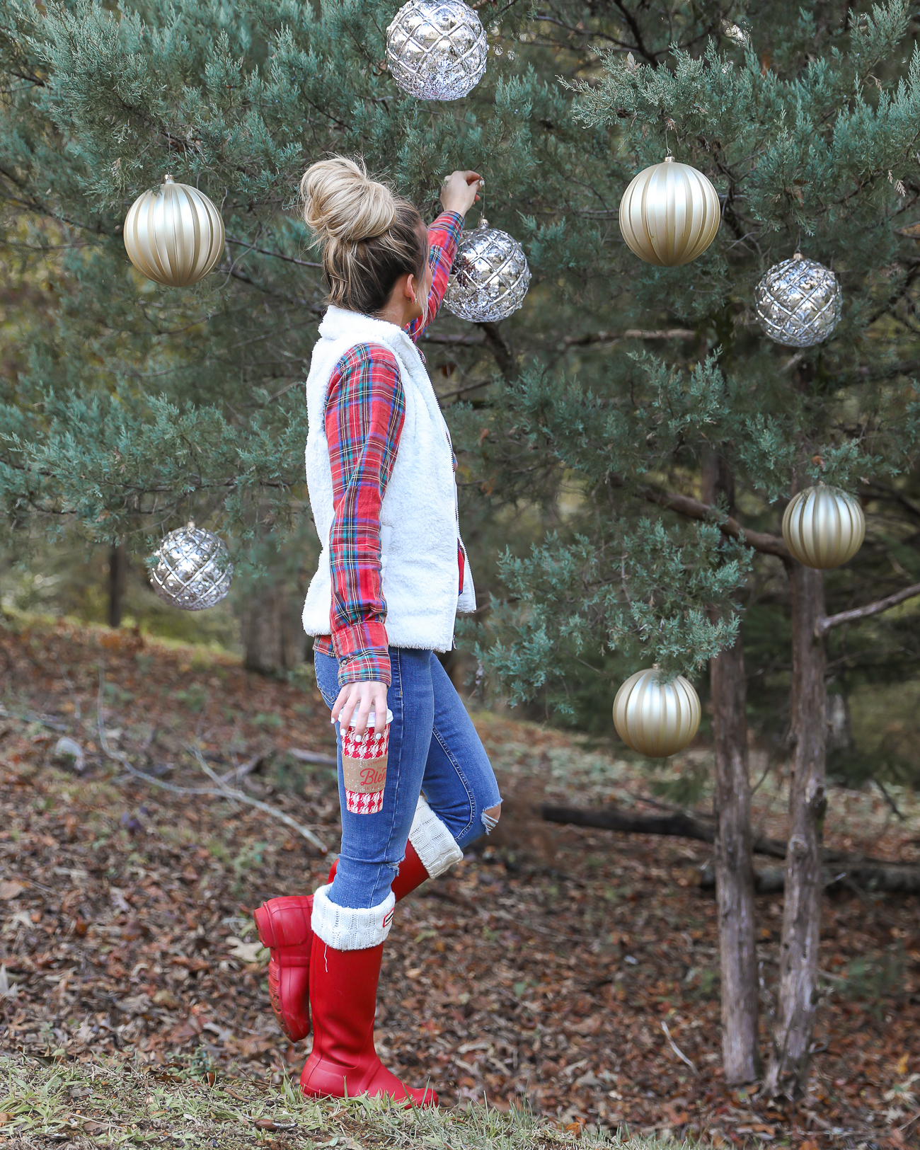 Topshop plaid holiday shirt Patagonia Sherpa Vest Red Hunter Boots Casual Christmas Outfit