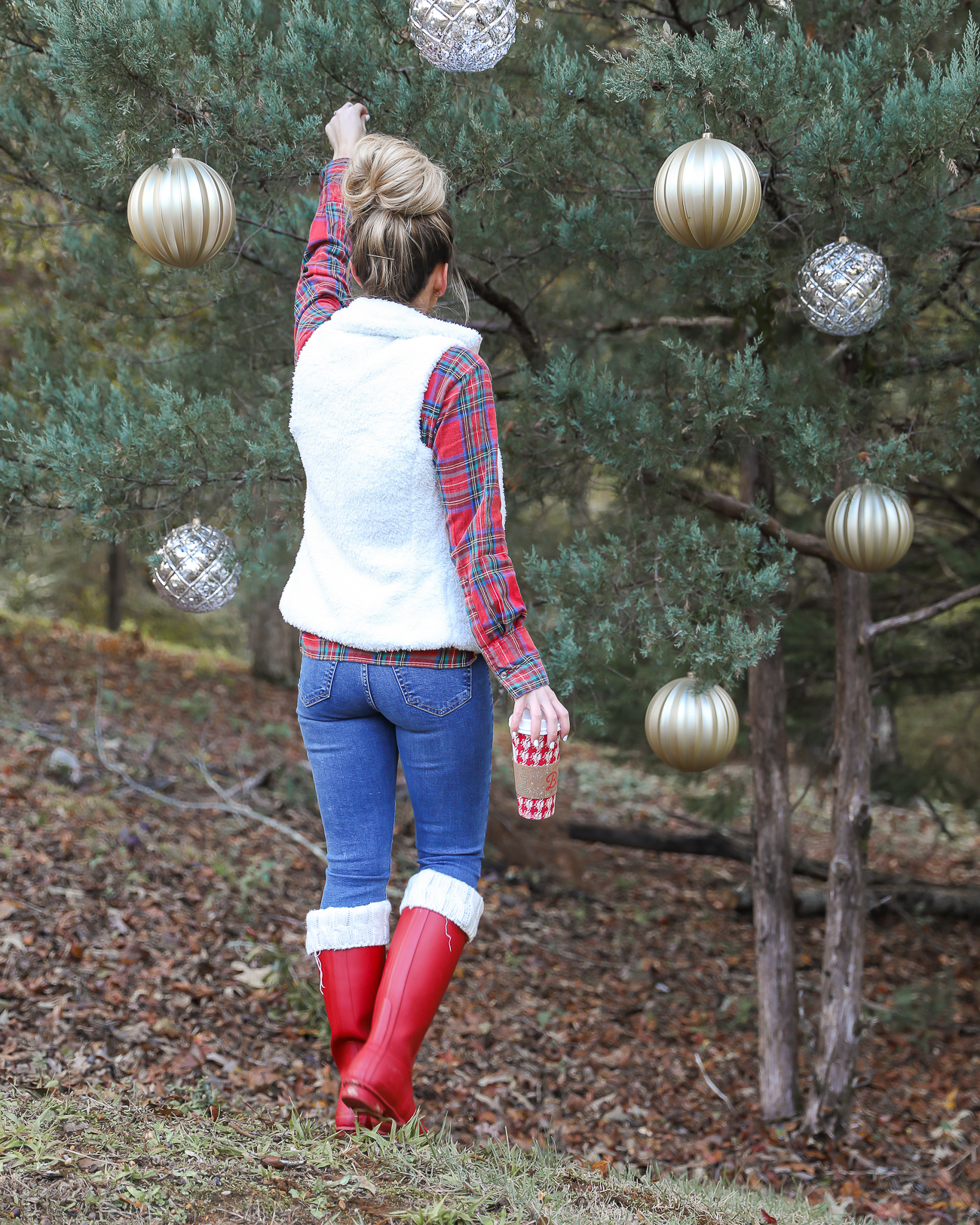 Topshop plaid holiday shirt Patagonia Sherpa Vest Red Hunter Boots Casual Christmas Outfit