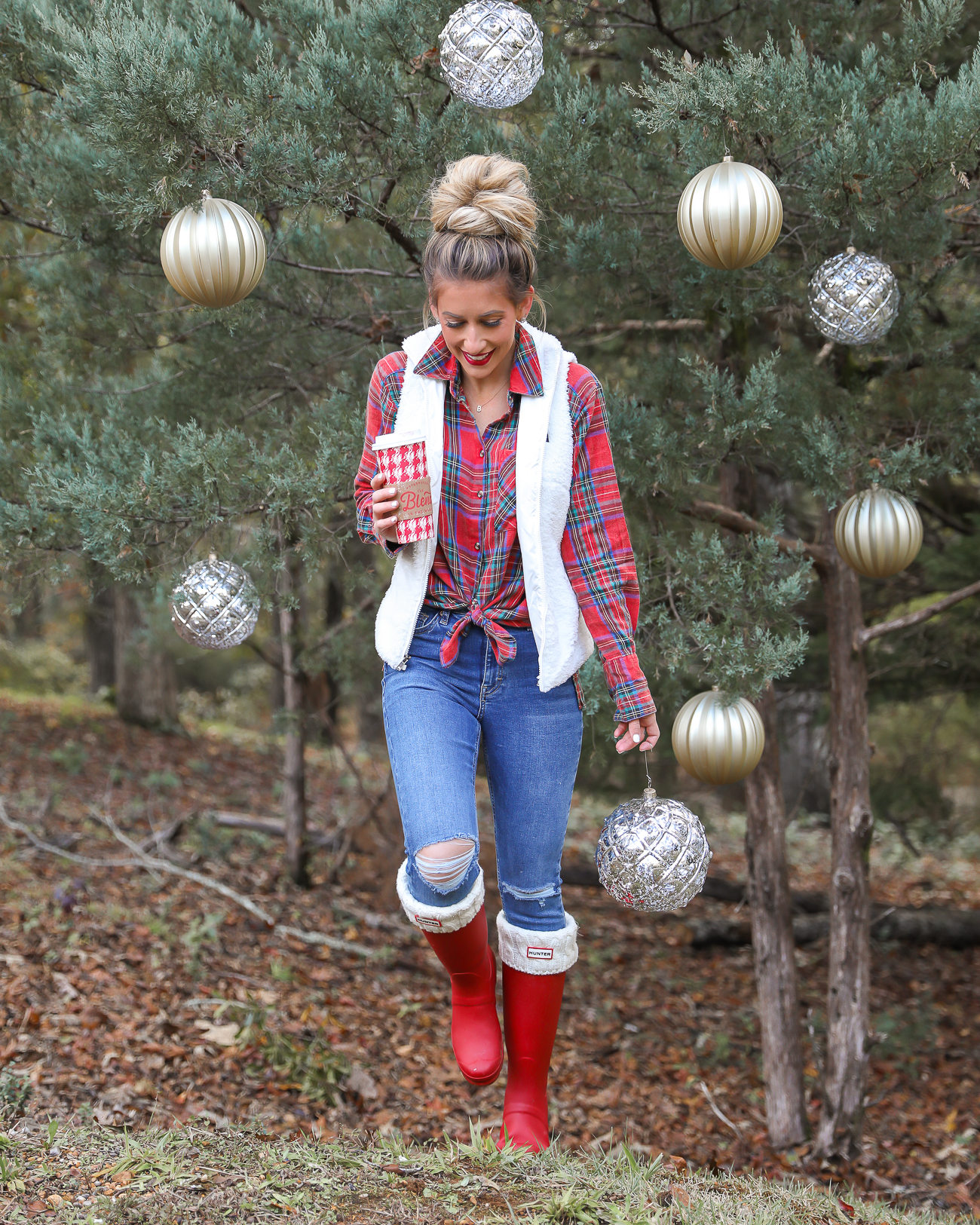 Topshop plaid holiday shirt Patagonia Sherpa Vest Red Hunter Boots Casual Christmas Outfit