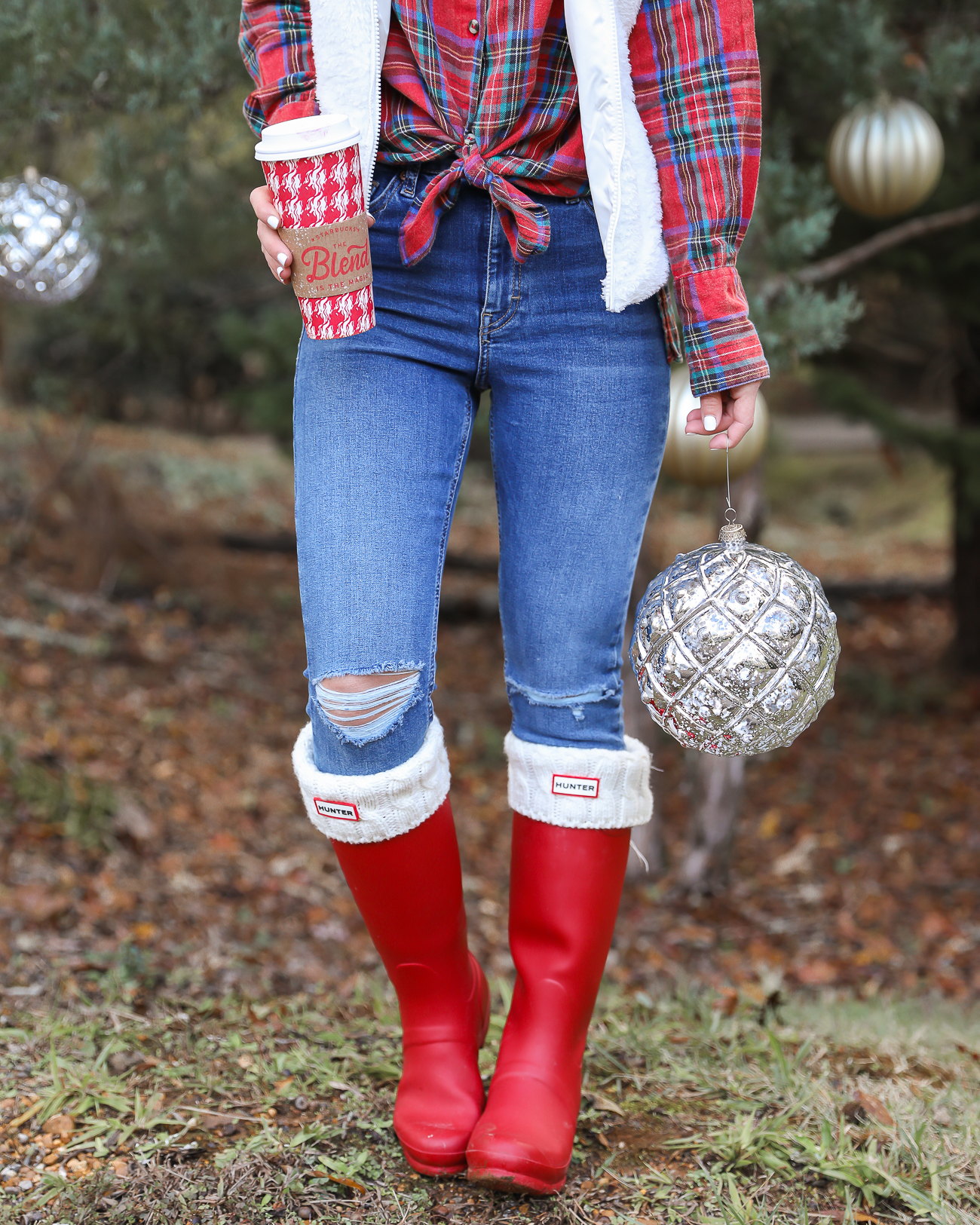 Topshop plaid holiday shirt Patagonia Sherpa Vest Red Hunter Boots Casual Christmas Outfit