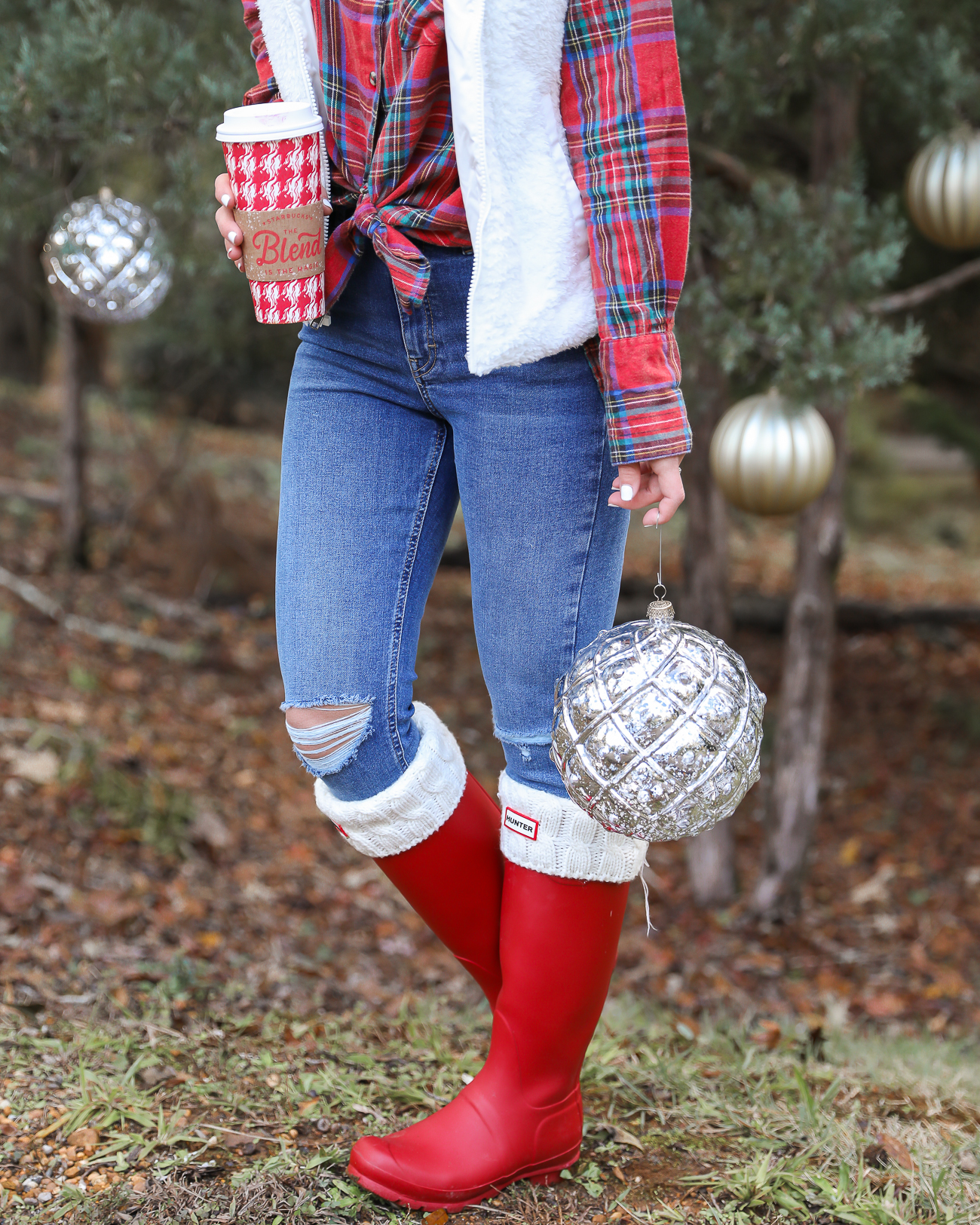 Topshop plaid holiday shirt Patagonia Sherpa Vest Red Hunter Boots Casual Christmas Outfit