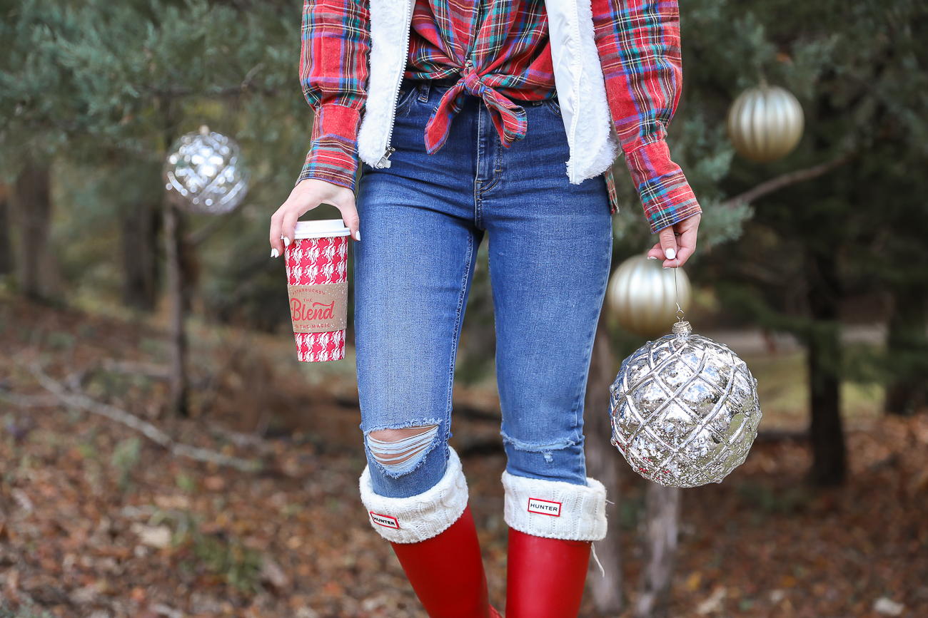 Topshop plaid holiday shirt Patagonia Sherpa Vest Red Hunter Boots Casual Christmas Outfit