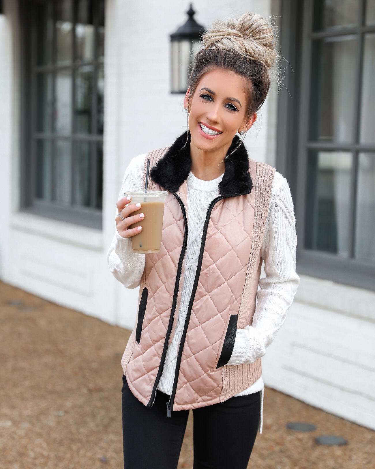 Walmart Tan and Black Quilted Vest Superga leopard velvet sneakers Black skinny jeans White knit tunic sweater Lord & Taylor Laura Beverlin-10