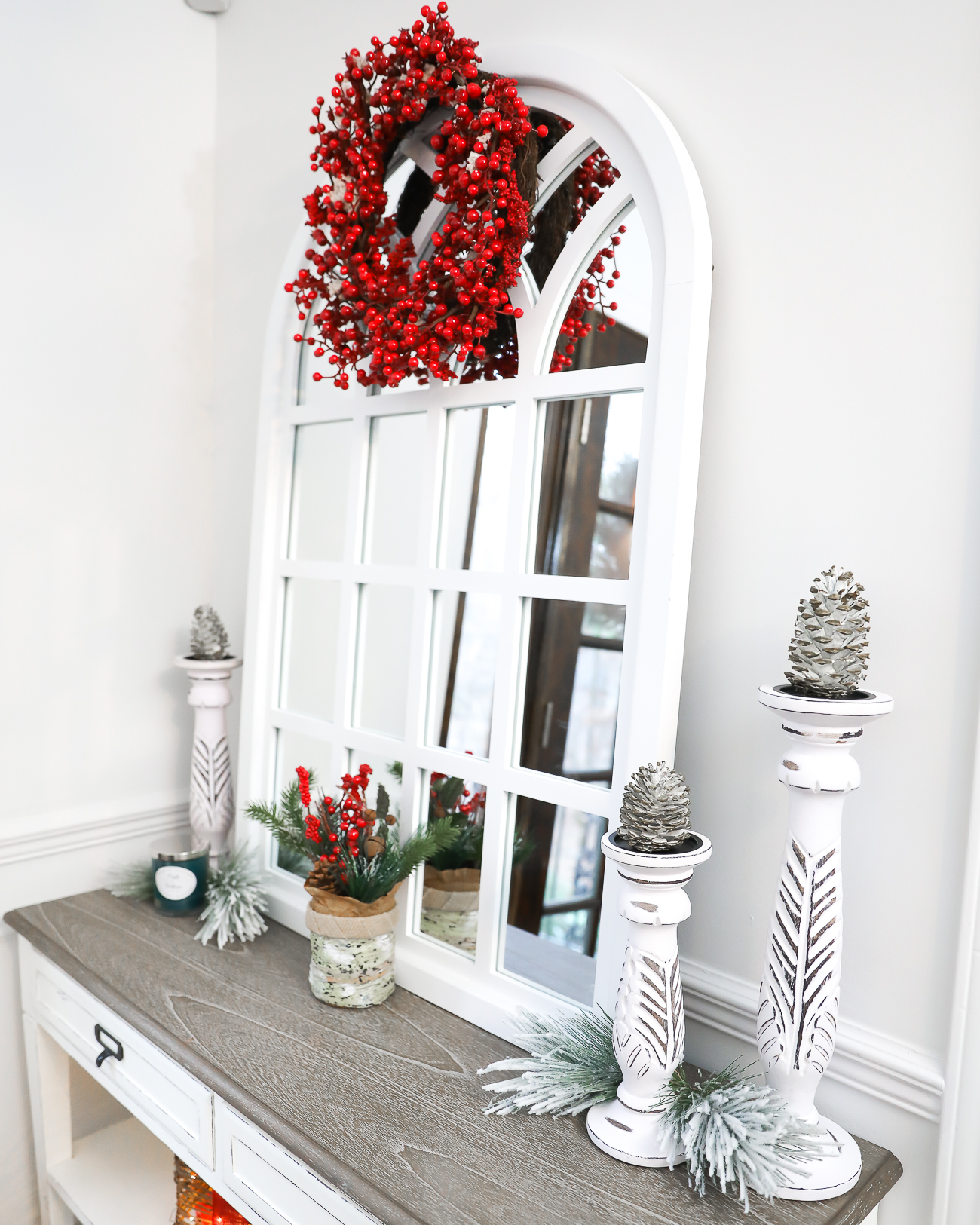 HOME DEPOT HOME DECOR FARMHOUSE FRONT ENTRY WAY HOME DECOR WHITE ENTRY TABLE WINDOW MIRROR LAURA BEVERLIN HOME