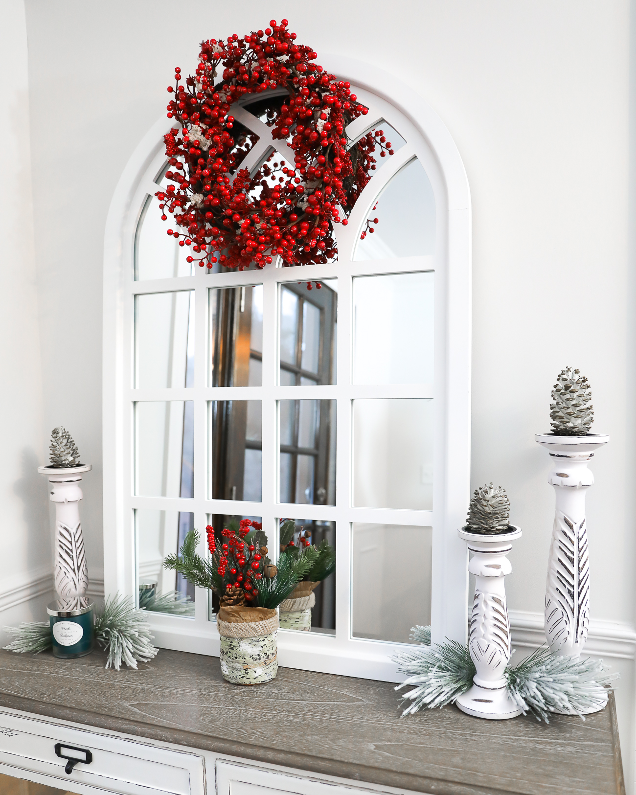 HOME DEPOT HOME DECOR FARMHOUSE FRONT ENTRY WAY HOME DECOR WHITE ENTRY TABLE WINDOW MIRROR LAURA BEVERLIN HOME