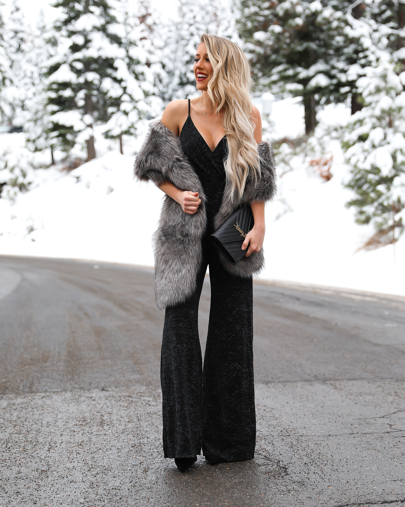 Nordstrom Black Christmas Holiday Sparkle Jumpsuit Faux Fur Scarf wrap Black YSL monogram wallet on a chain Lake Tahoe Winter Outfit Laura Beverlin -5
