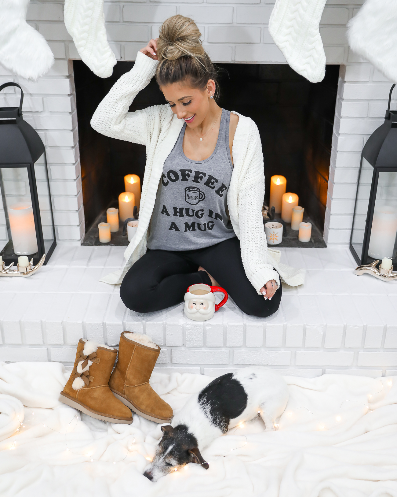 UGGS KOOLABURRA VICTORIA SHORT BOOTS CASUAL WINTER OUTFIT COFFEE TANK TOP WHITE CHENILLE CARDIGAN WHITE FARMHOUSE FIREPLACE LAURA BEVERLIN