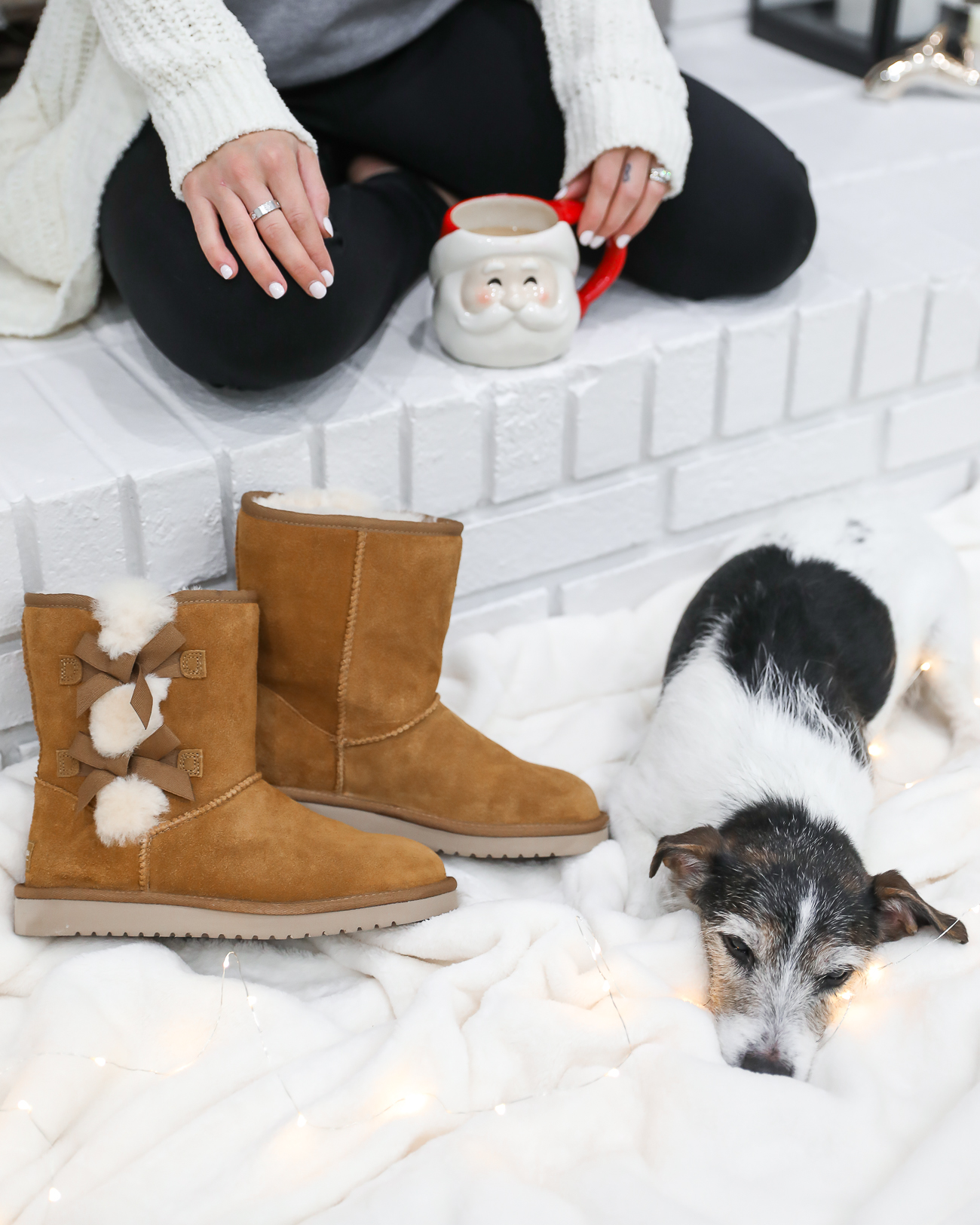 UGGS KOOLABURRA VICTORIA SHORT BOOTS CASUAL WINTER OUTFIT COFFEE TANK TOP WHITE CHENILLE CARDIGAN WHITE FARMHOUSE FIREPLACE LAURA BEVERLIN