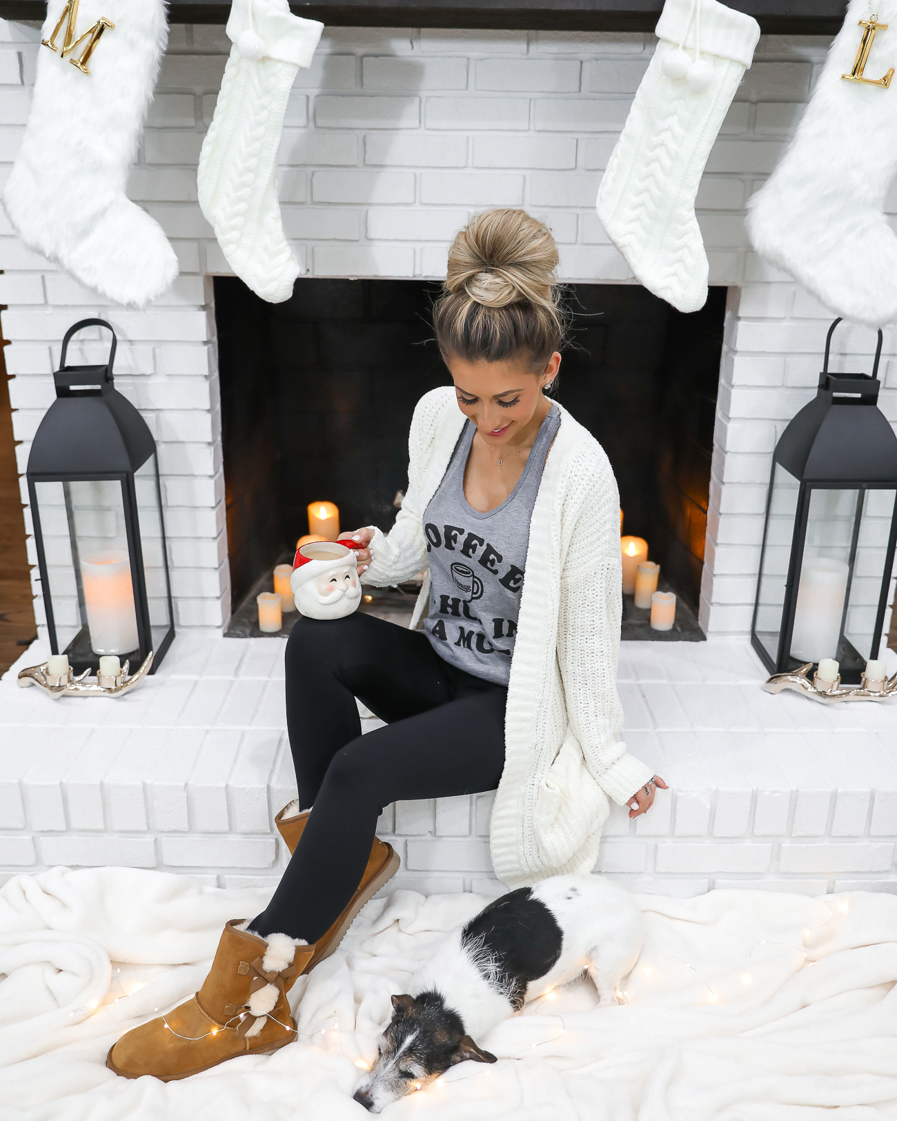 UGGS KOOLABURRA VICTORIA SHORT BOOTS CASUAL WINTER OUTFIT COFFEE TANK TOP WHITE CHENILLE CARDIGAN WHITE FARMHOUSE FIREPLACE LAURA BEVERLIN