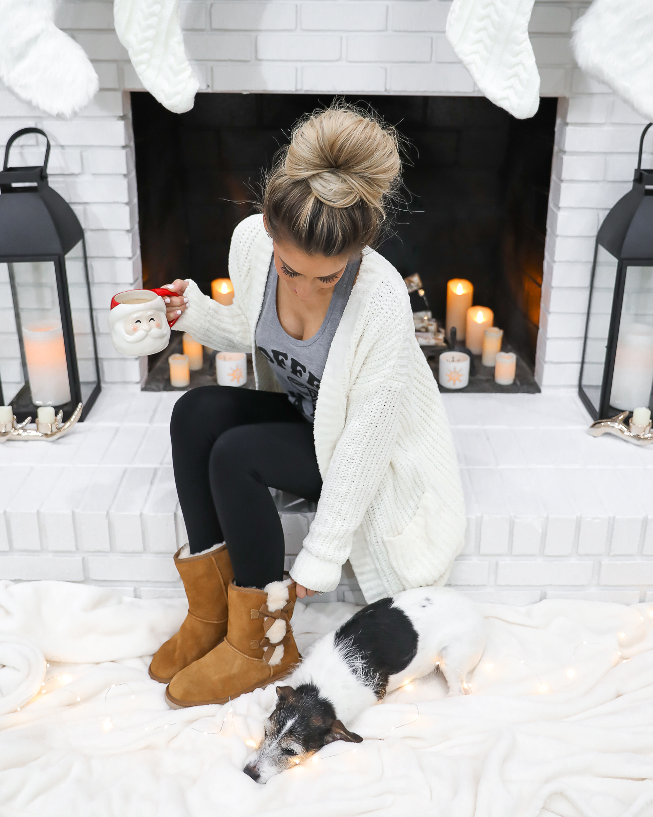 UGGS KOOLABURRA VICTORIA SHORT BOOTS CASUAL WINTER OUTFIT COFFEE TANK TOP WHITE CHENILLE CARDIGAN WHITE FARMHOUSE FIREPLACE LAURA BEVERLIN