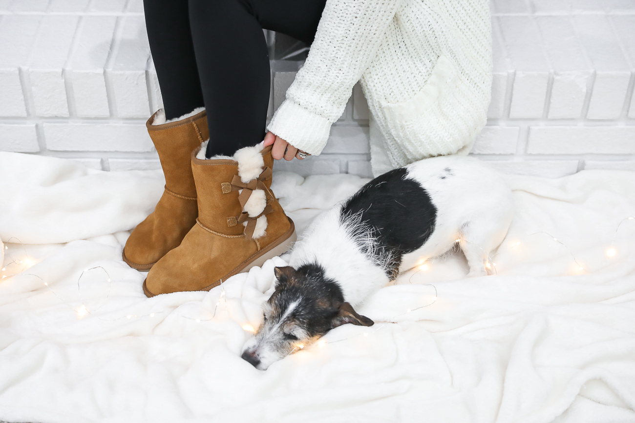 UGGS KOOLABURRA VICTORIA SHORT BOOTS CASUAL WINTER OUTFIT COFFEE TANK TOP WHITE CHENILLE CARDIGAN WHITE FARMHOUSE FIREPLACE LAURA BEVERLIN