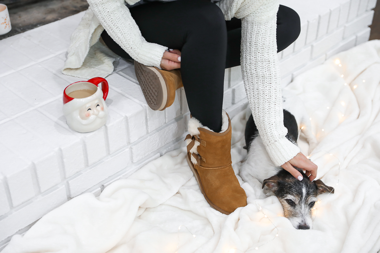 UGGS KOOLABURRA VICTORIA SHORT BOOTS CASUAL WINTER OUTFIT COFFEE TANK TOP WHITE CHENILLE CARDIGAN WHITE FARMHOUSE FIREPLACE LAURA BEVERLIN