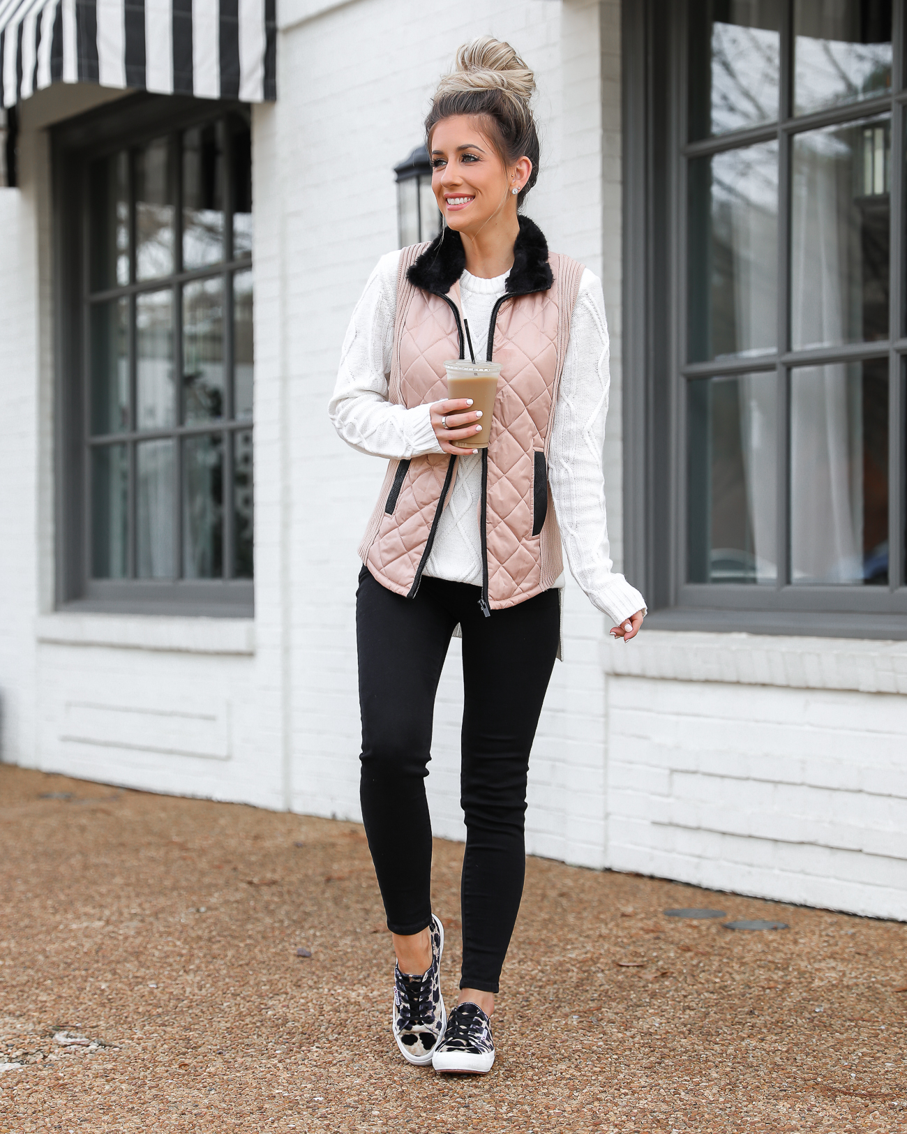 Walmart Tan and Black Quilted Vest Superga leopard velvet sneakers Black skinny jeans White knit tunic sweater Lord & Taylor Laura Beverlin-10