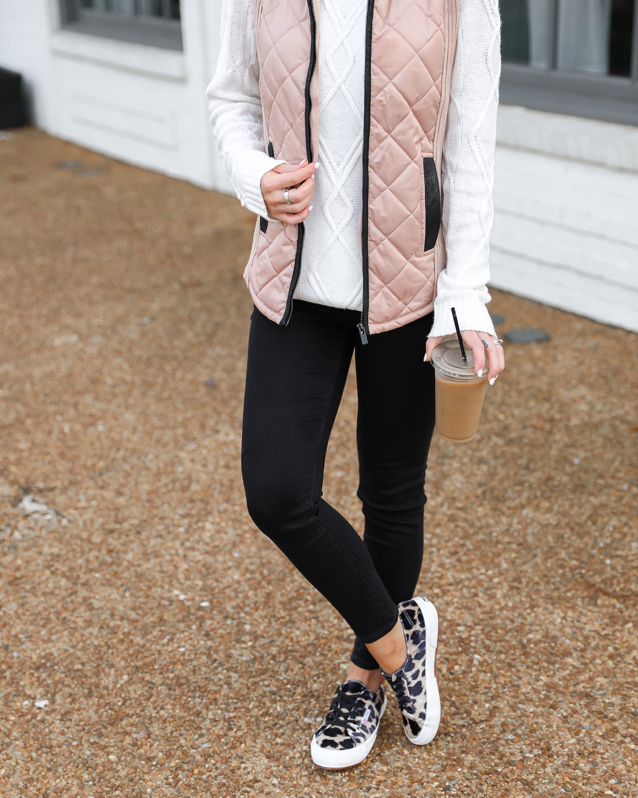 Walmart Tan and Black Quilted Vest Superga leopard velvet sneakers Black skinny jeans White knit tunic sweater Lord & Taylor Laura Beverlin-10