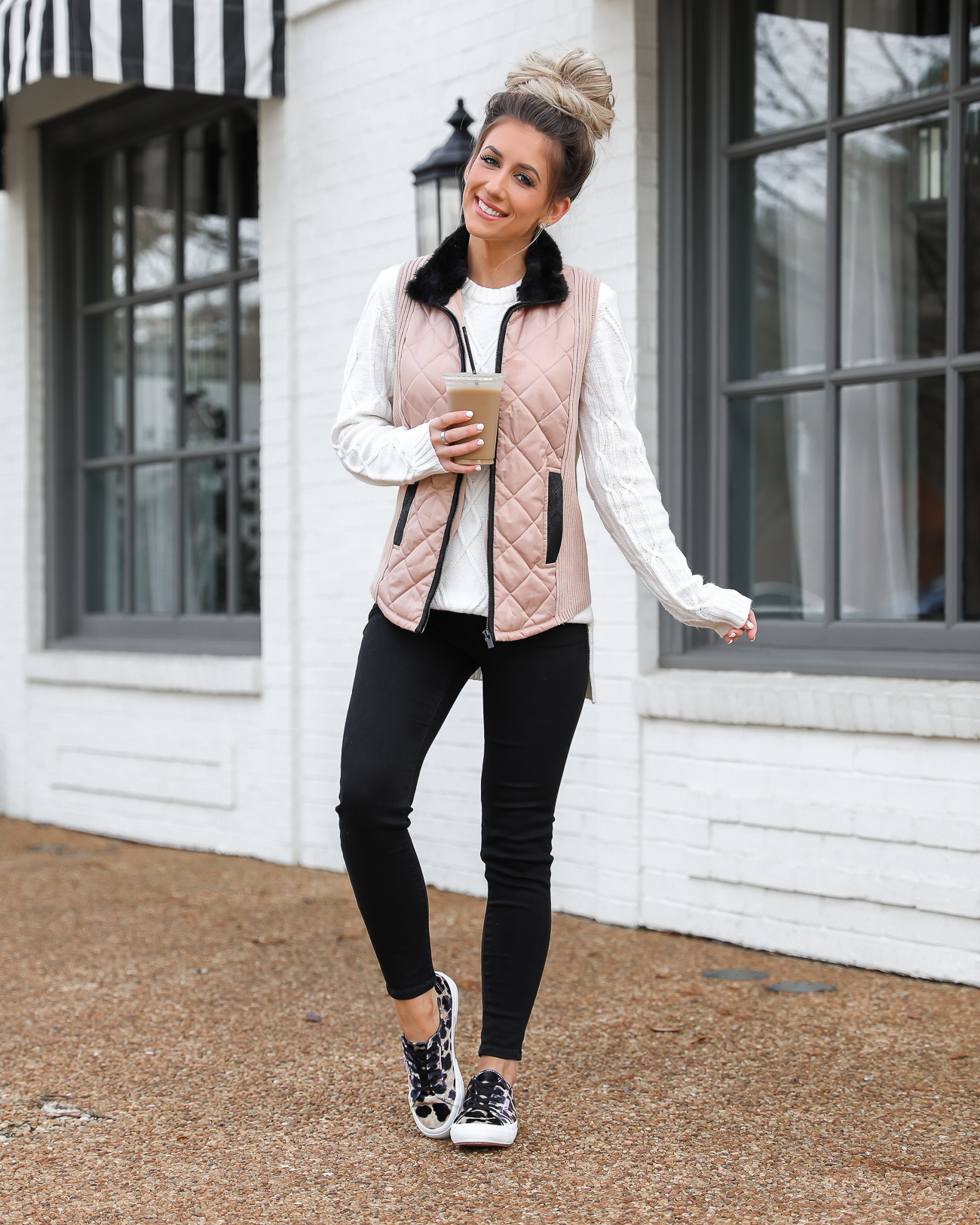 Walmart Tan and Black Quilted Vest Superga leopard velvet sneakers Black skinny jeans White knit tunic sweater Lord & Taylor Laura Beverlin