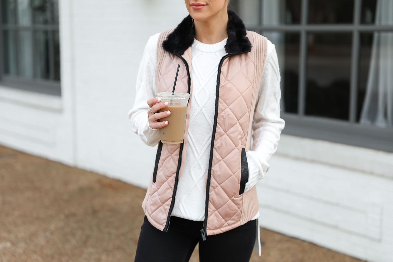 Walmart Tan and Black Quilted Vest Superga leopard velvet sneakers Black skinny jeans White knit tunic sweater Lord & Taylor Laura Beverlin