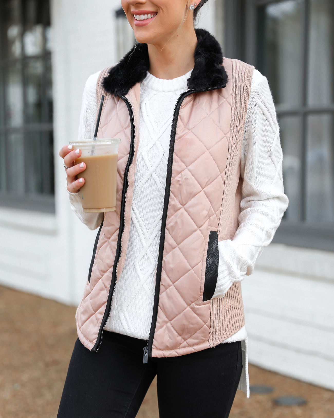 Walmart Tan and Black Quilted Vest Superga leopard velvet sneakers Black skinny jeans White knit tunic sweater Lord & Taylor Laura Beverlin-10