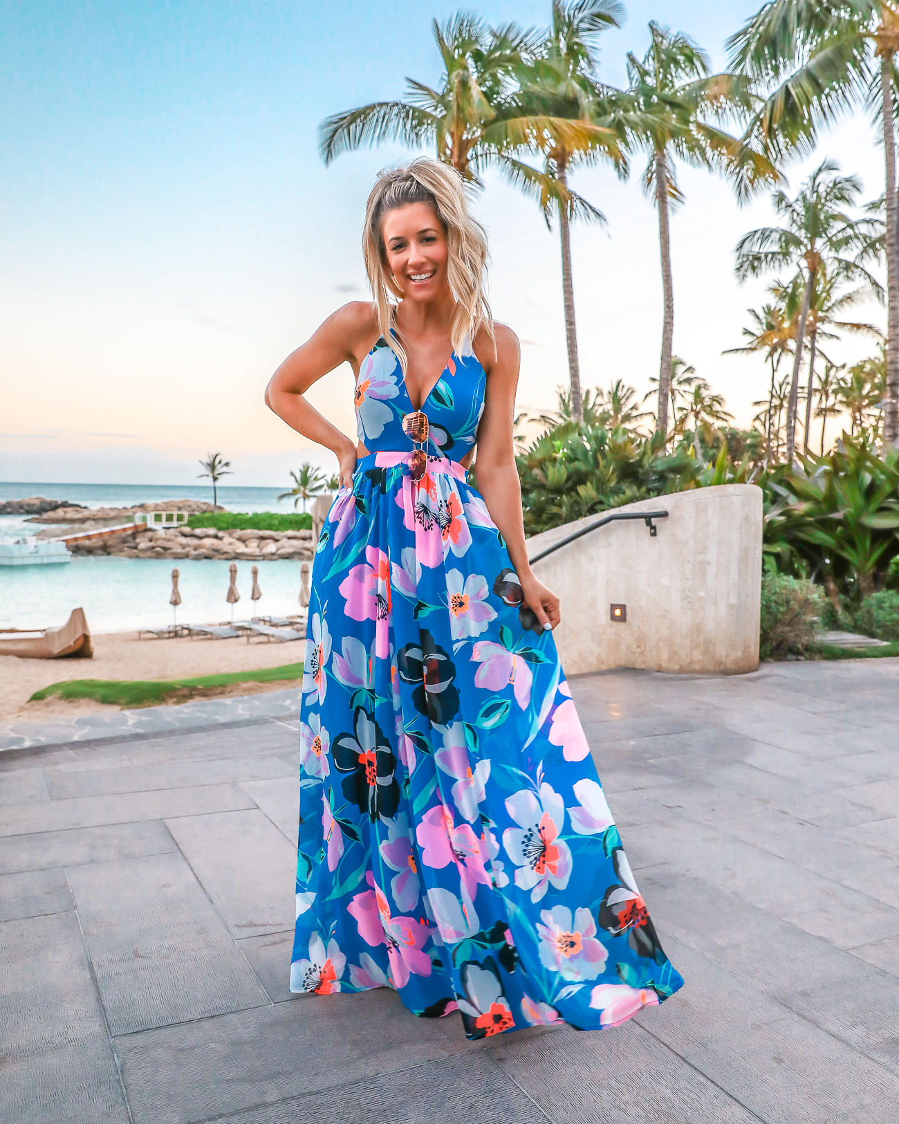 Express Blue Tropical Maxi Dress Vacation Outfit Idea Four Season Oahu Hawaii Outfit Laura Beverlin 30th Birthday-2