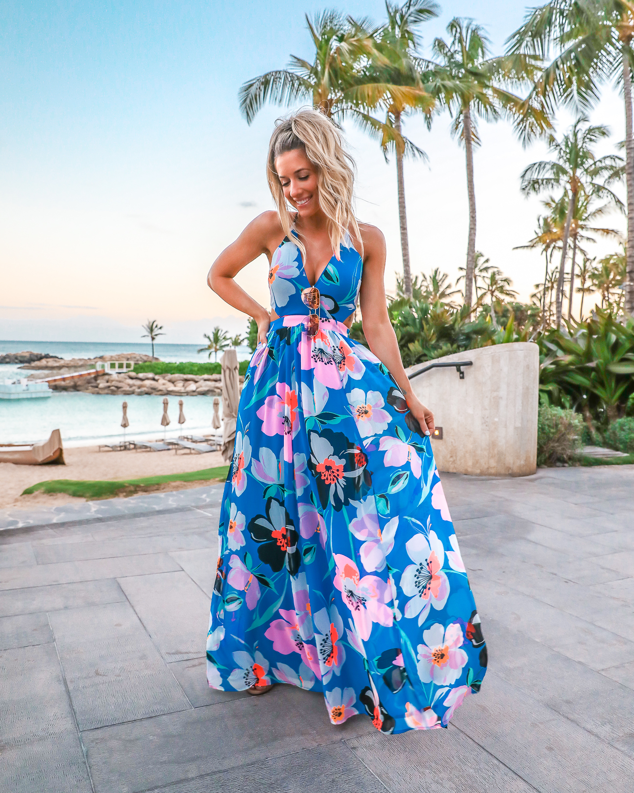 Express Blue Tropical Maxi Dress Vacation Outfit Idea Four Season Oahu Hawaii Outfit Laura Beverlin 30th Birthday-6