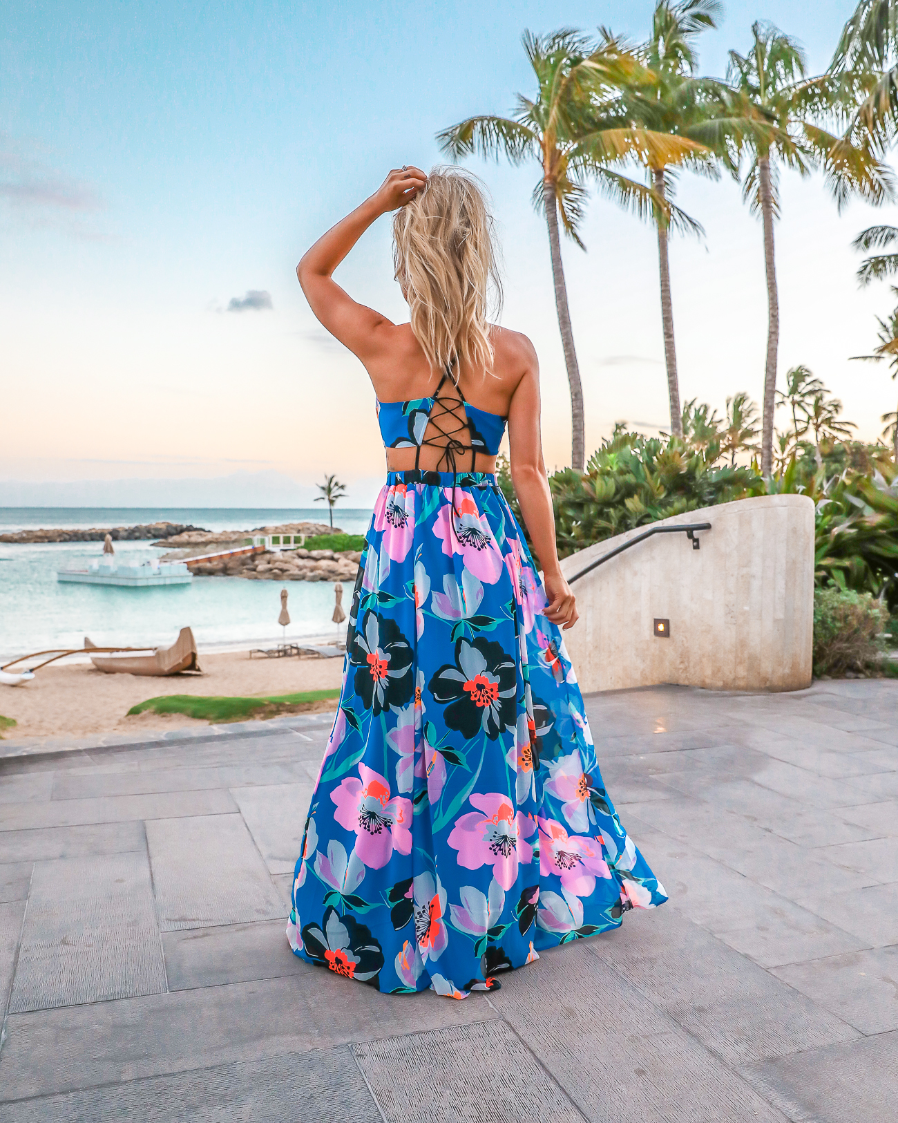 Express Blue Tropical Maxi Dress Vacation Outfit Idea Four Season Oahu Hawaii Outfit Laura Beverlin 30th Birthday-2