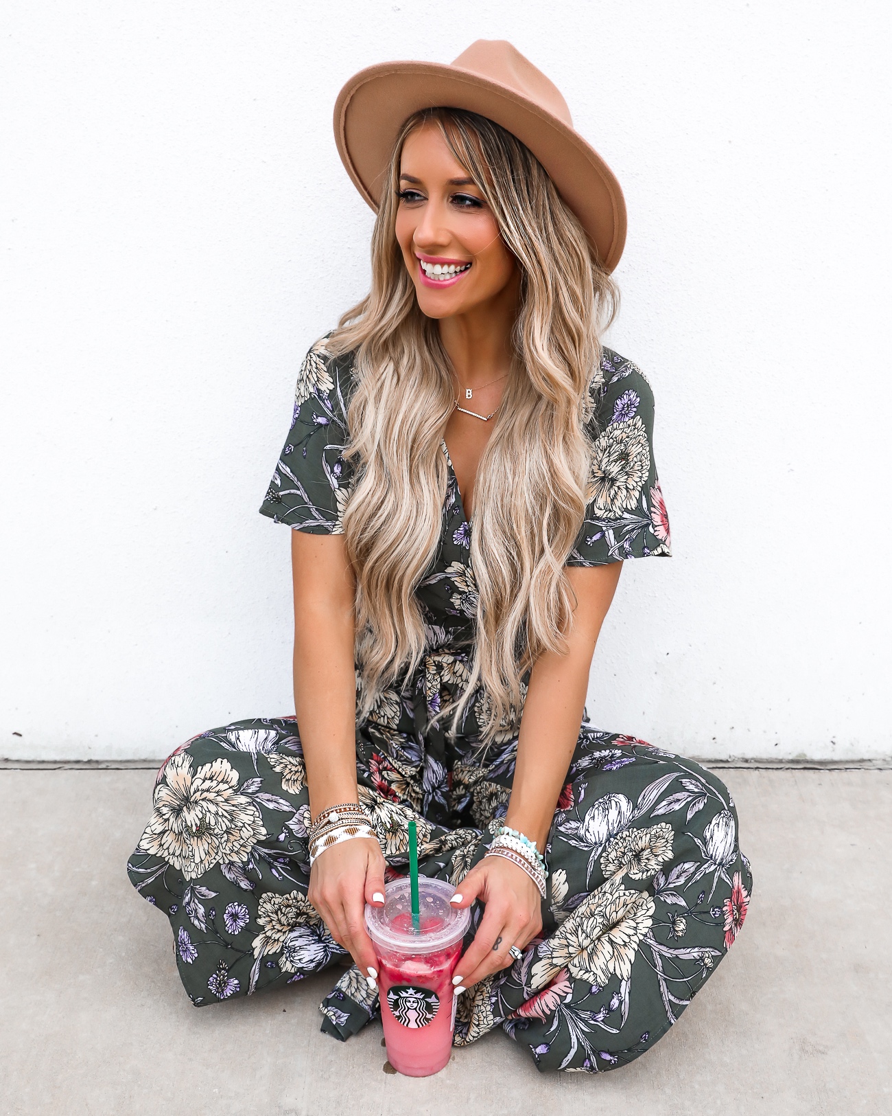 Victoria Emerson Bracelets Spring & summer outfit idea Floral Jumpsuit Starbucks Pink Drink Laura Beverlin1